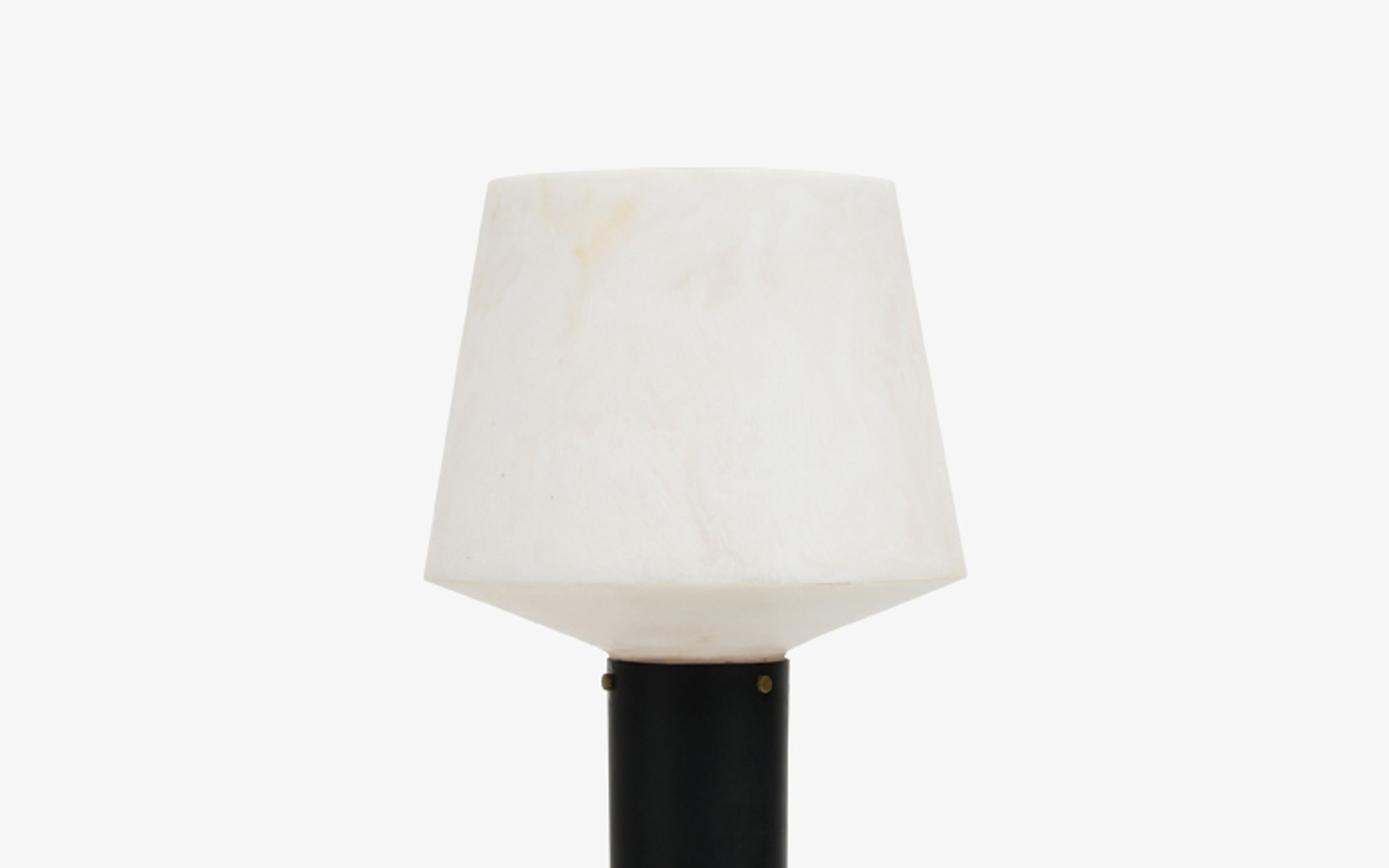 Orira Cylindrical Table Lamp | White Shade & Black Metal base - Close shot - from upper angle - Orange Tree