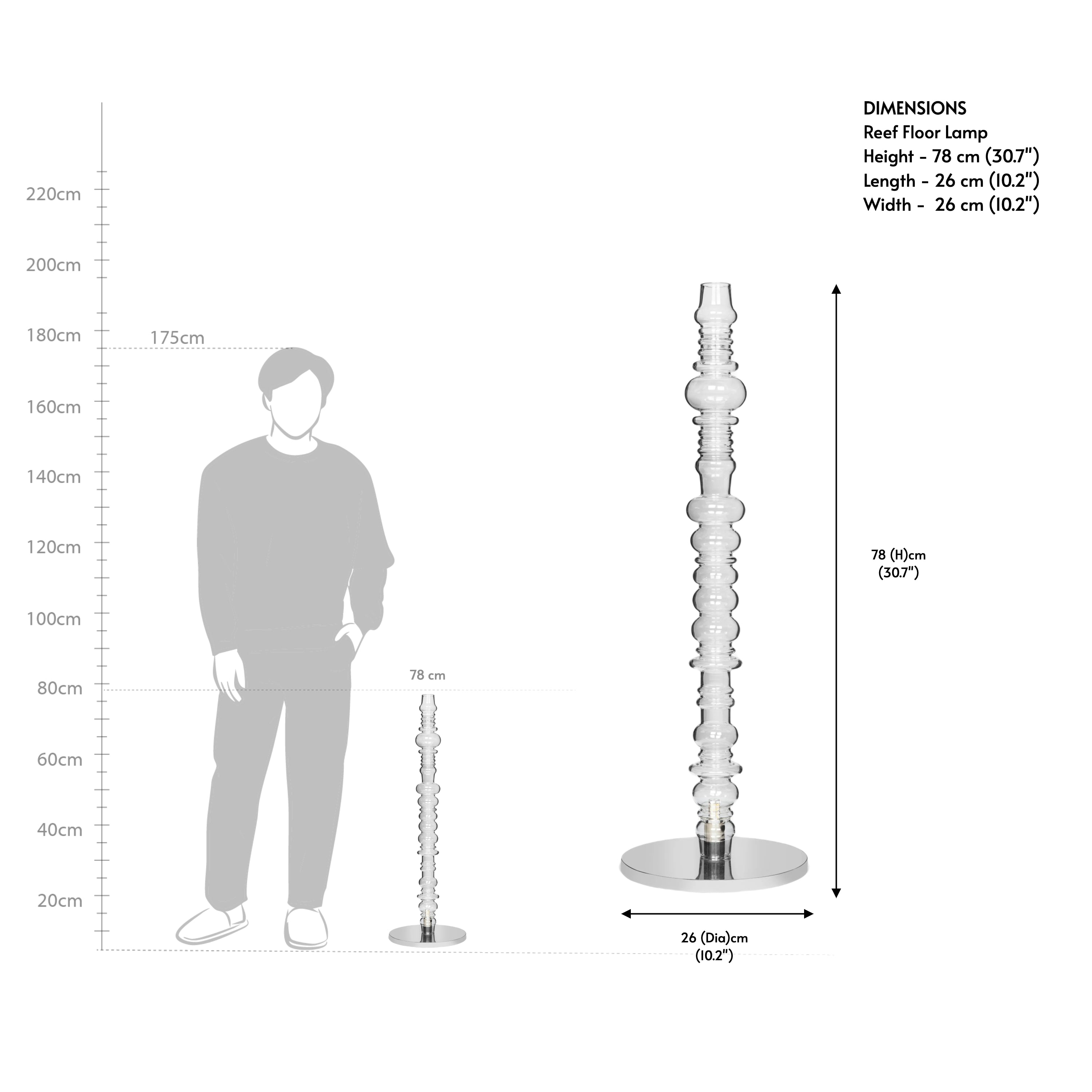 Reef floor lamp size reference showing glass floor lamp height and circular base dimensions.