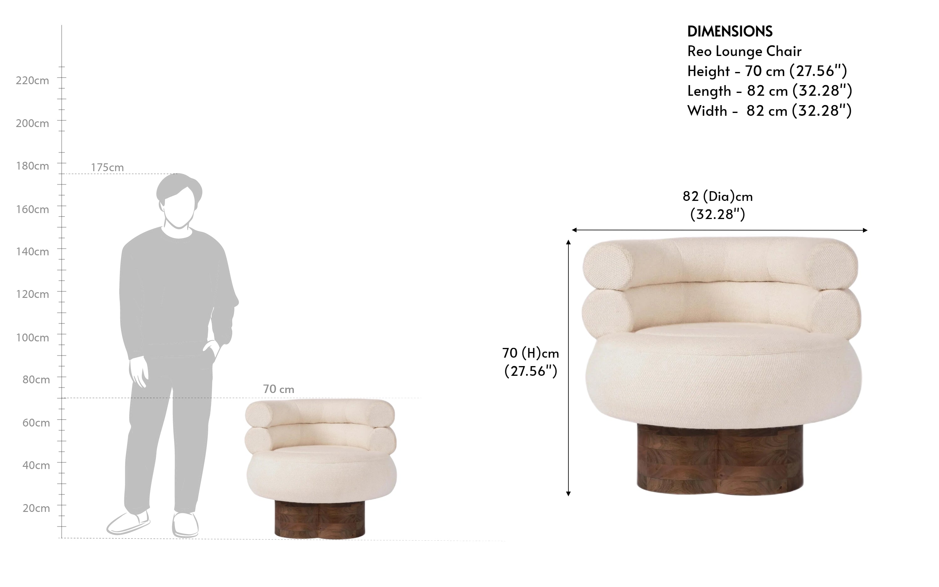 Reo Round Lounge Chair in solid Acacia Wood & White Upholstery - Close shot - Orange Tree