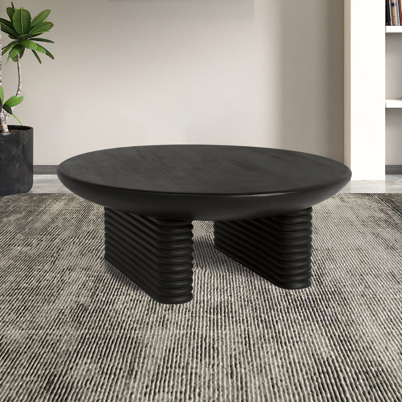 Black Ribbed Round Mango Wood Coffee Table