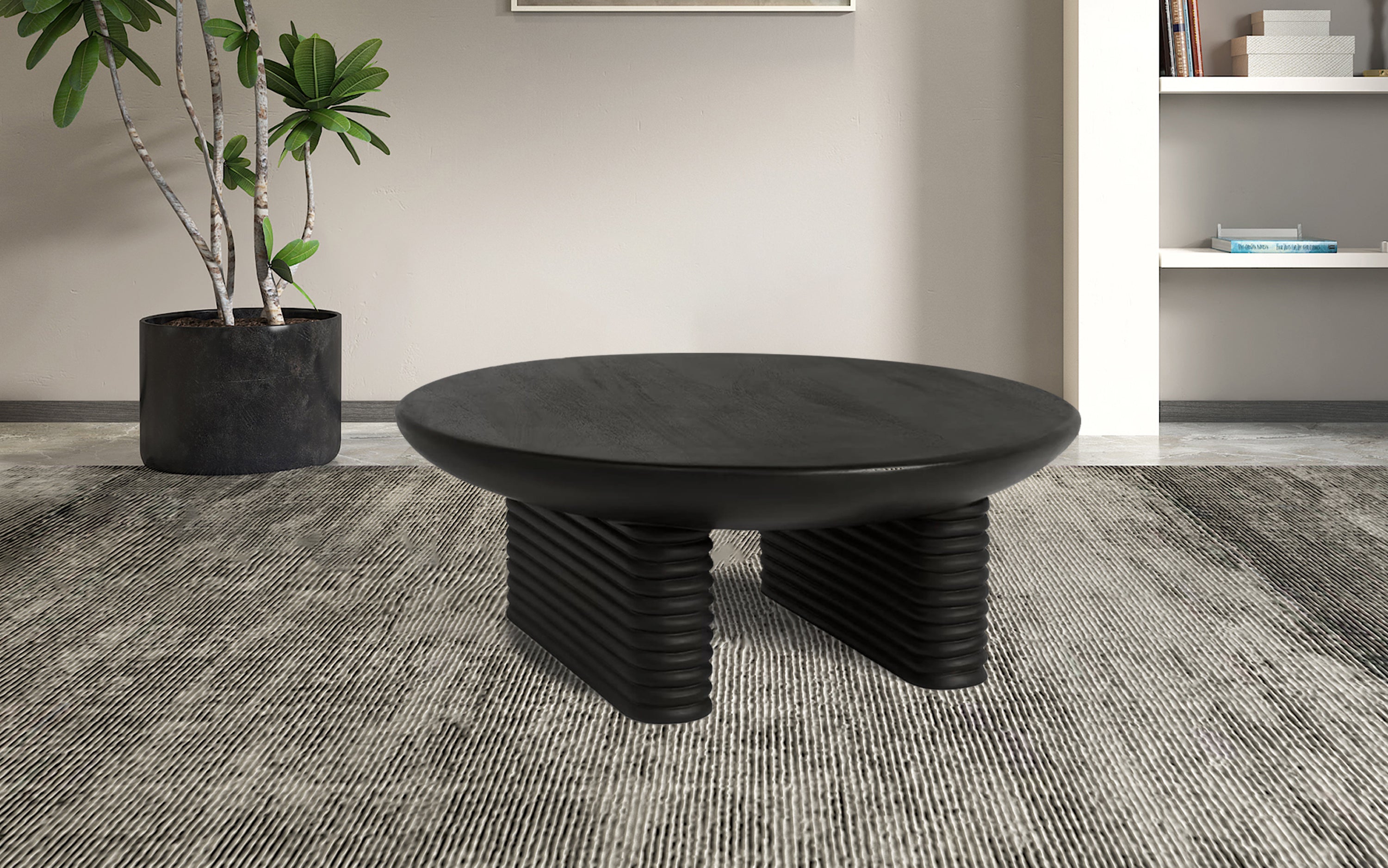 Ribbed Round Wooden Coffee Table in black finish.