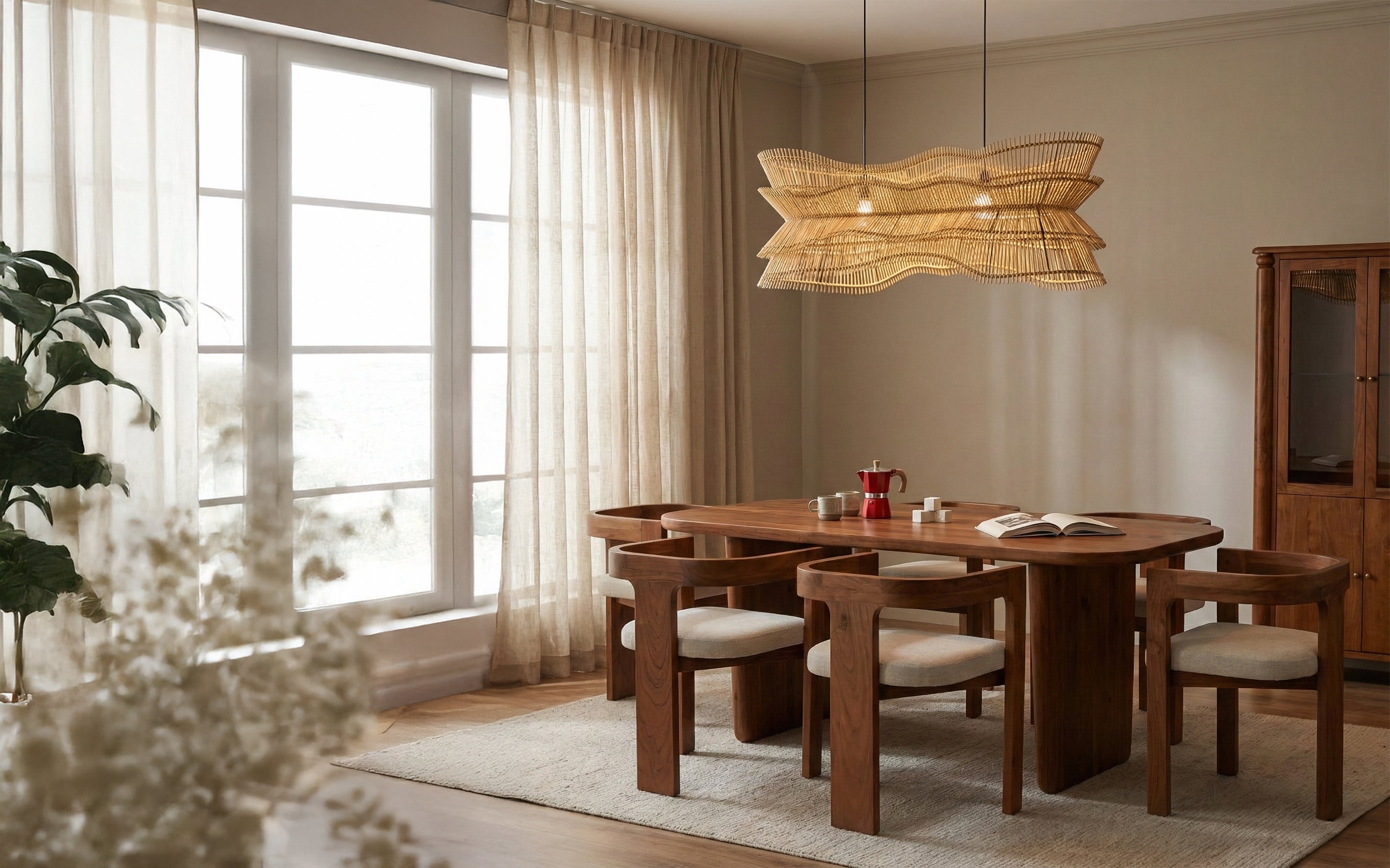 Robin rattan cane chandelier lamp in beige & natural finish. - with white background - Orange Tree