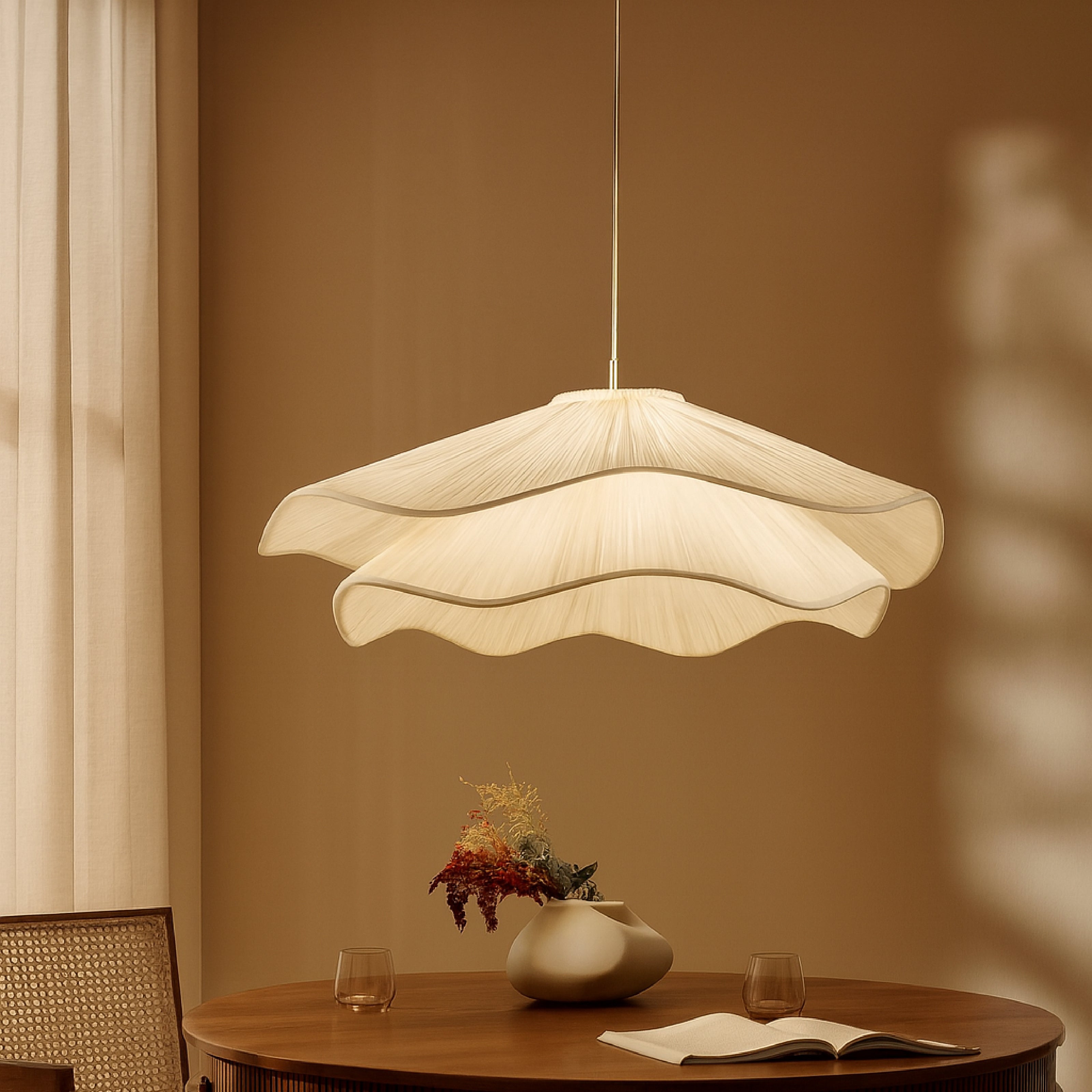 White pendant lamp styled above a dining table in a warm interior.