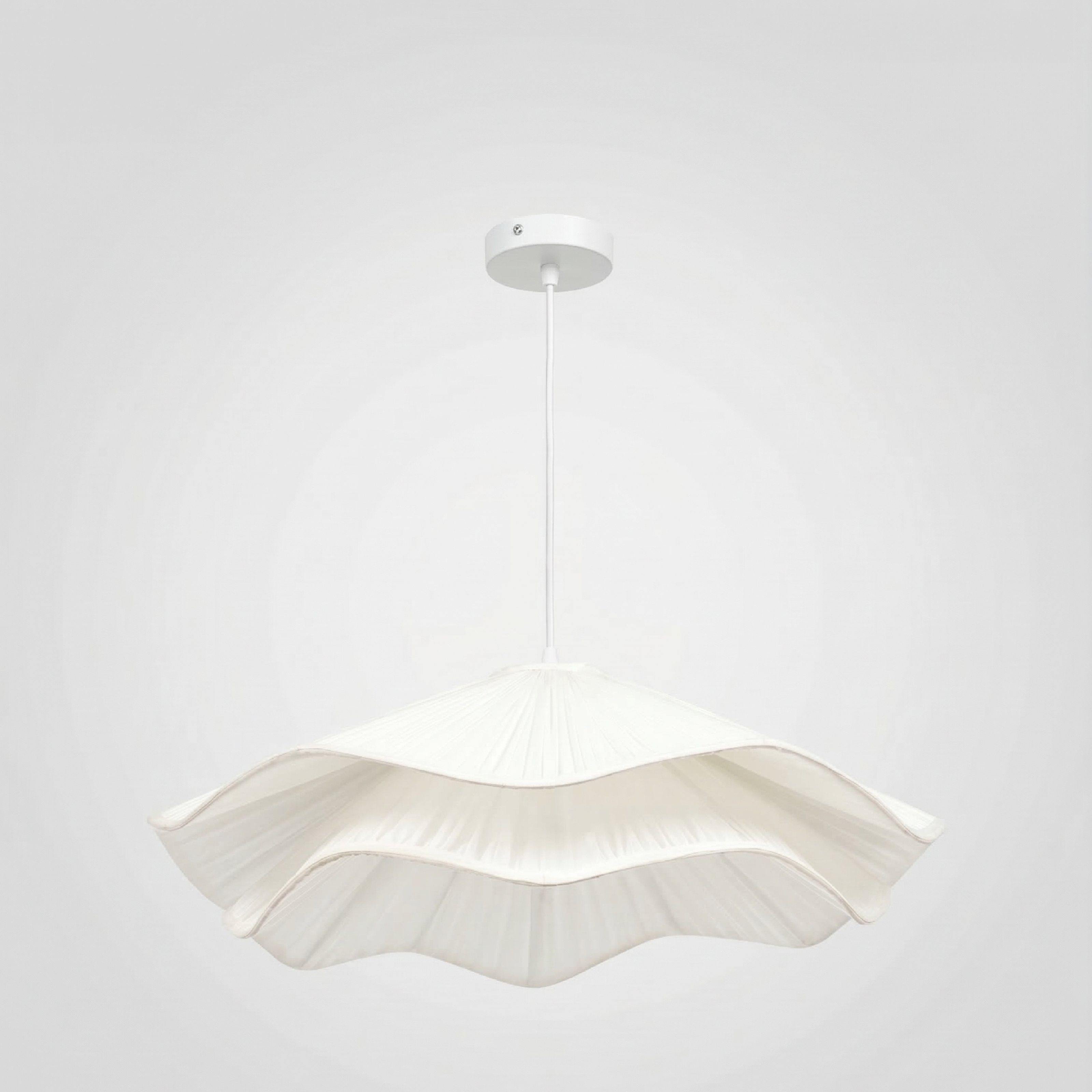 Pleated white hanging pendant lamp with layered shade.