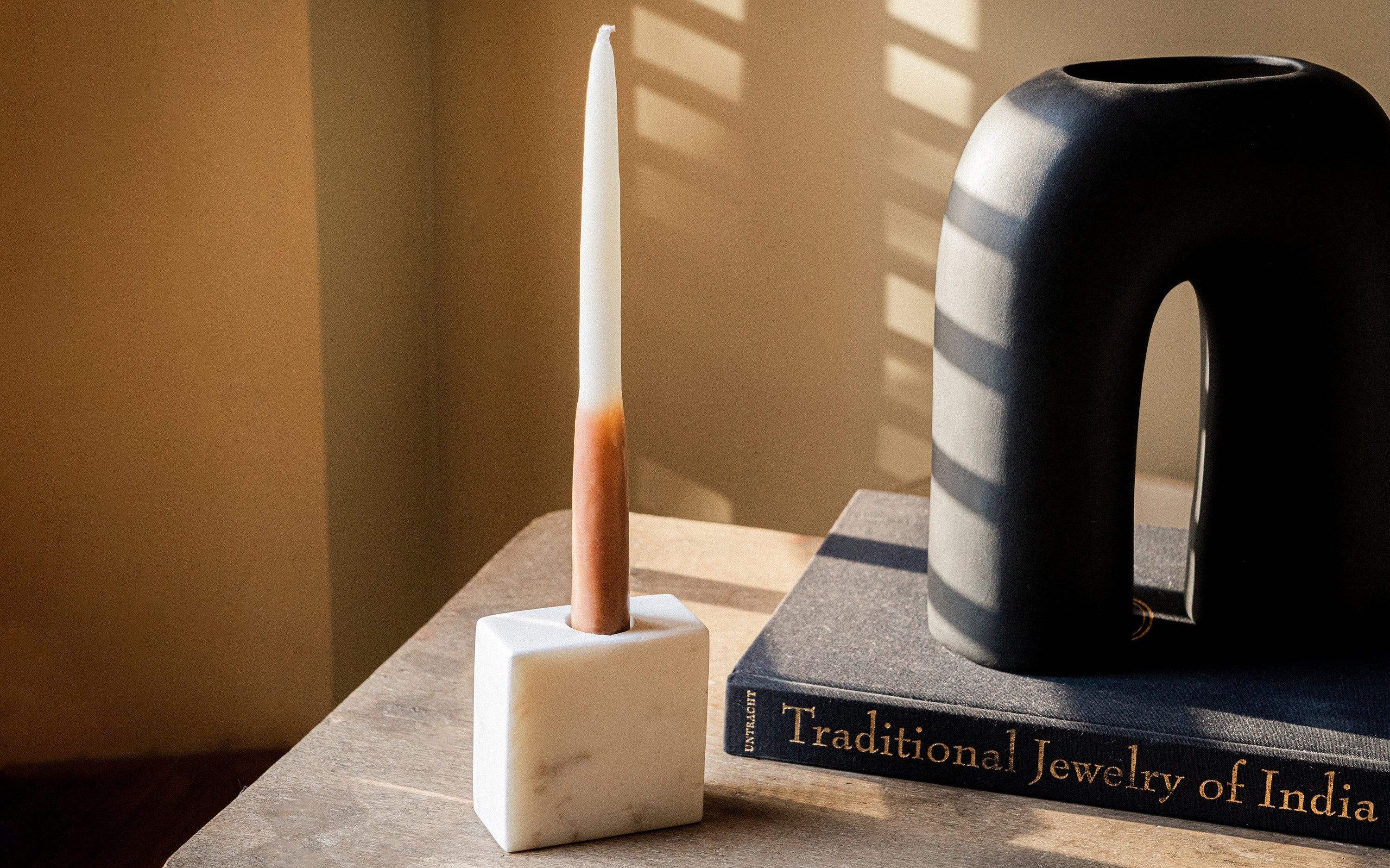 Sierra Candle Stand in Banswara Marble, Matte Finish - Orange Tree
