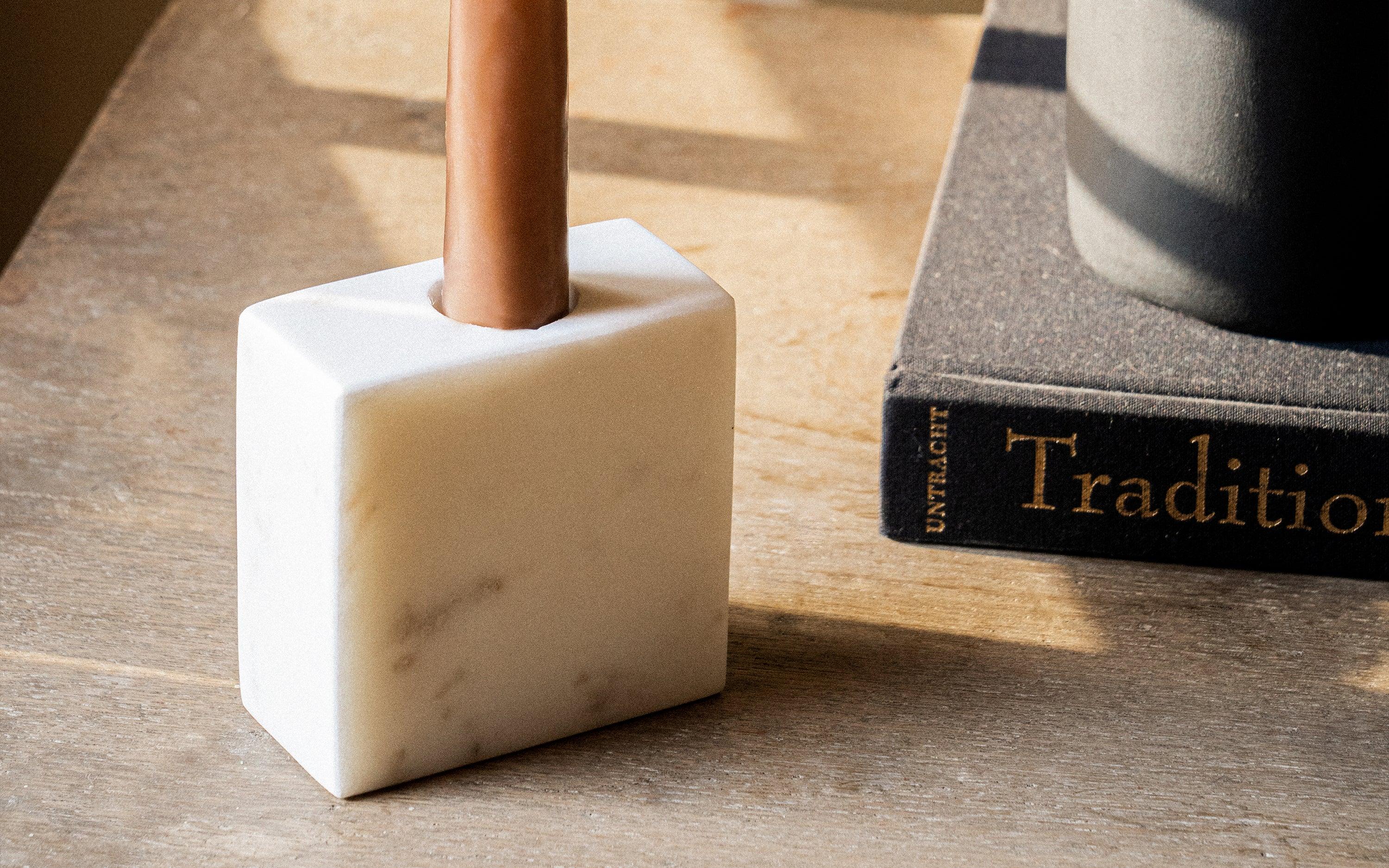 Sierra Candle Stand in Banswara Marble, Matte Finish - Close shot - Orange Tree