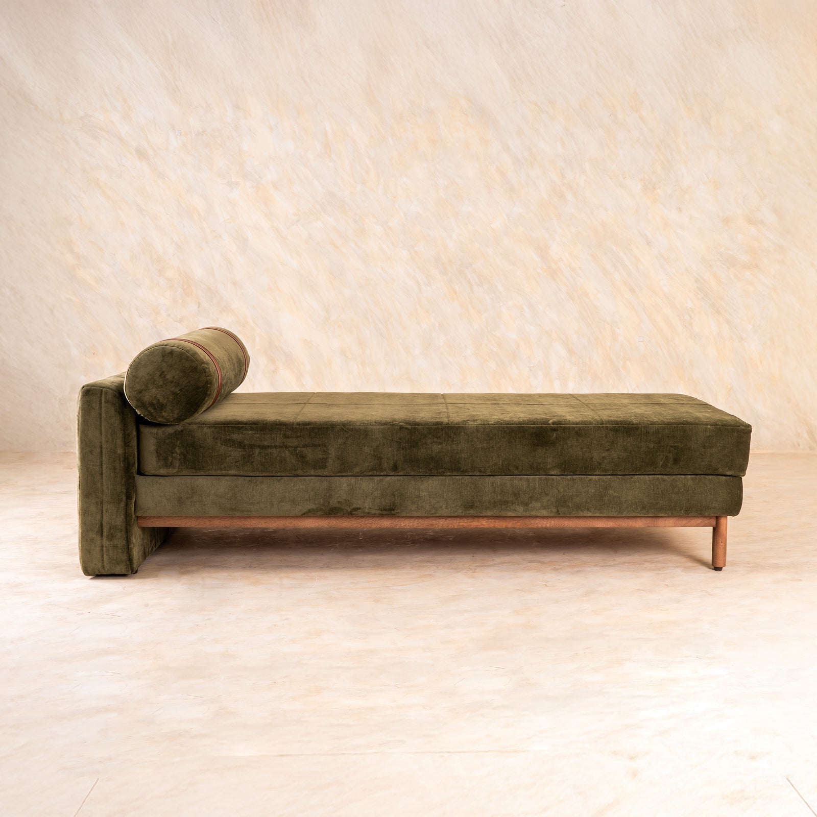 Solace Upholstered Daybed with Arm | Mango Wood, Wax Finish - Close shot - from right angle - Orange Tree