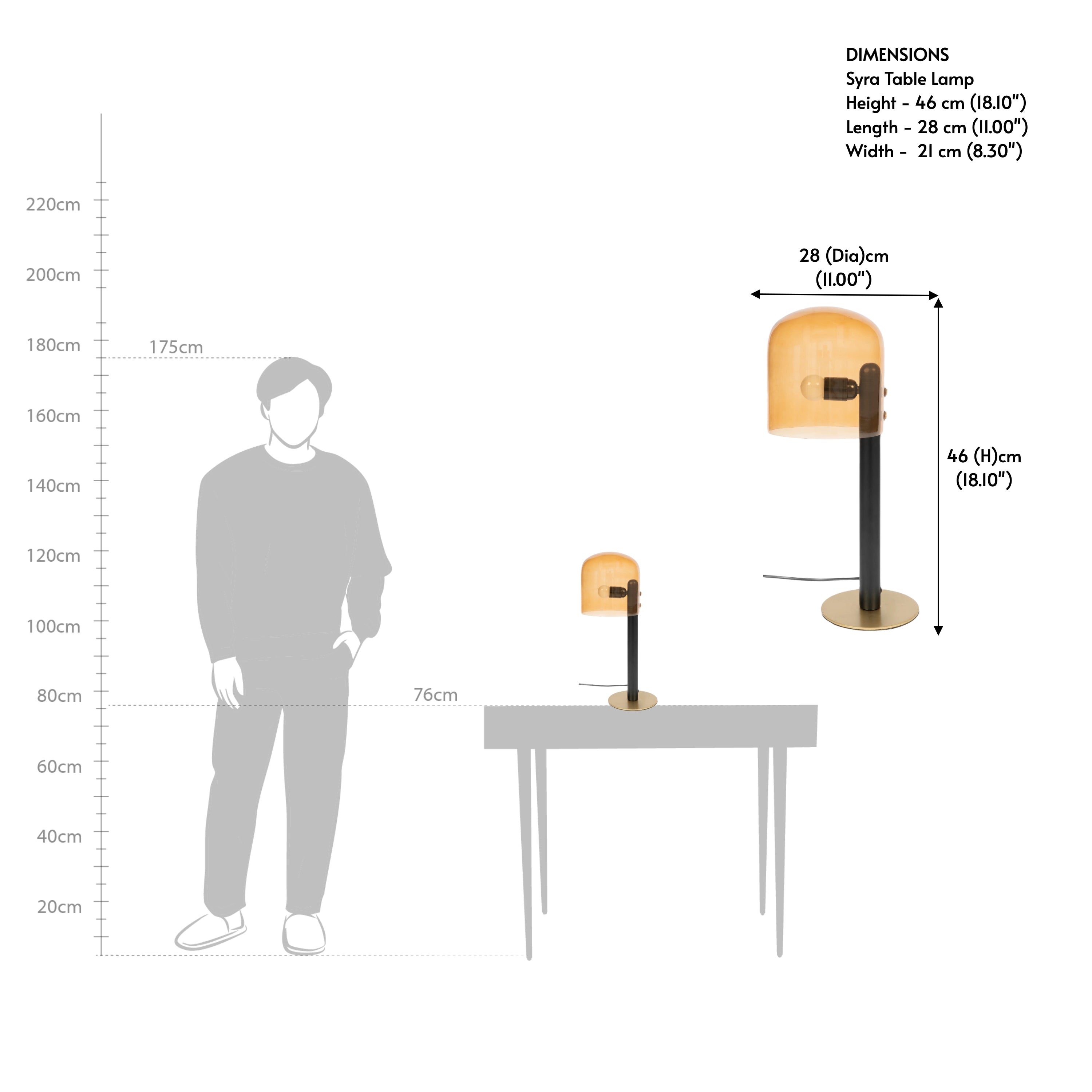 Table lamp drawing displaying dimensions for a workspace or bed lamp setup.