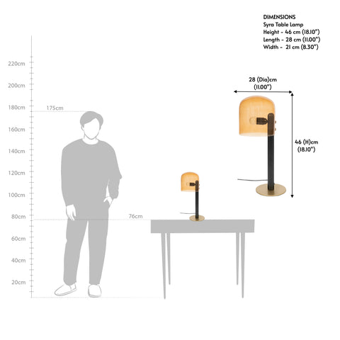 Table lamp drawing displaying dimensions for a workspace or bed lamp setup.