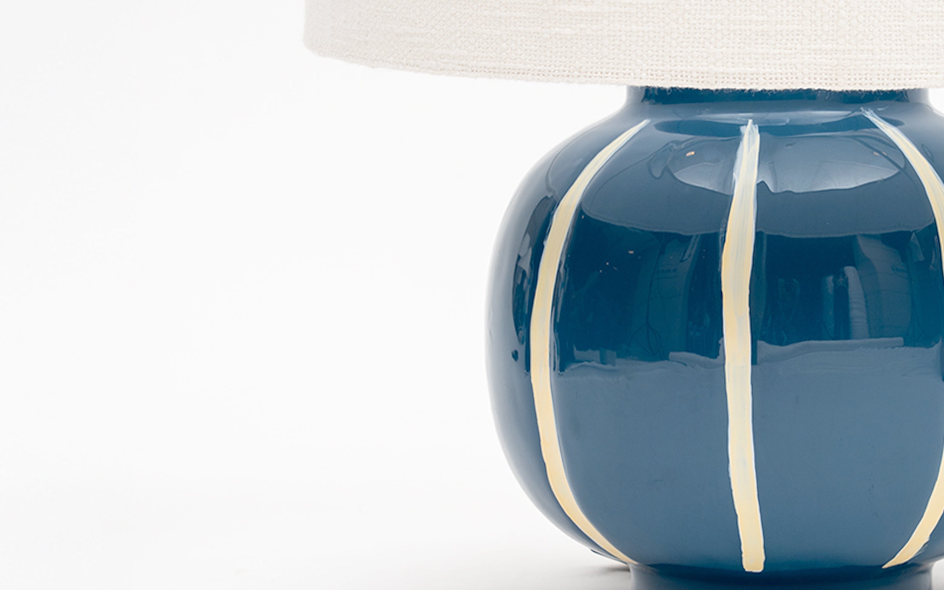 Taoza Round Blue Table Lamp | Metal Base & White Cotton Shade - Close shot - from upper angle - Orange Tree
