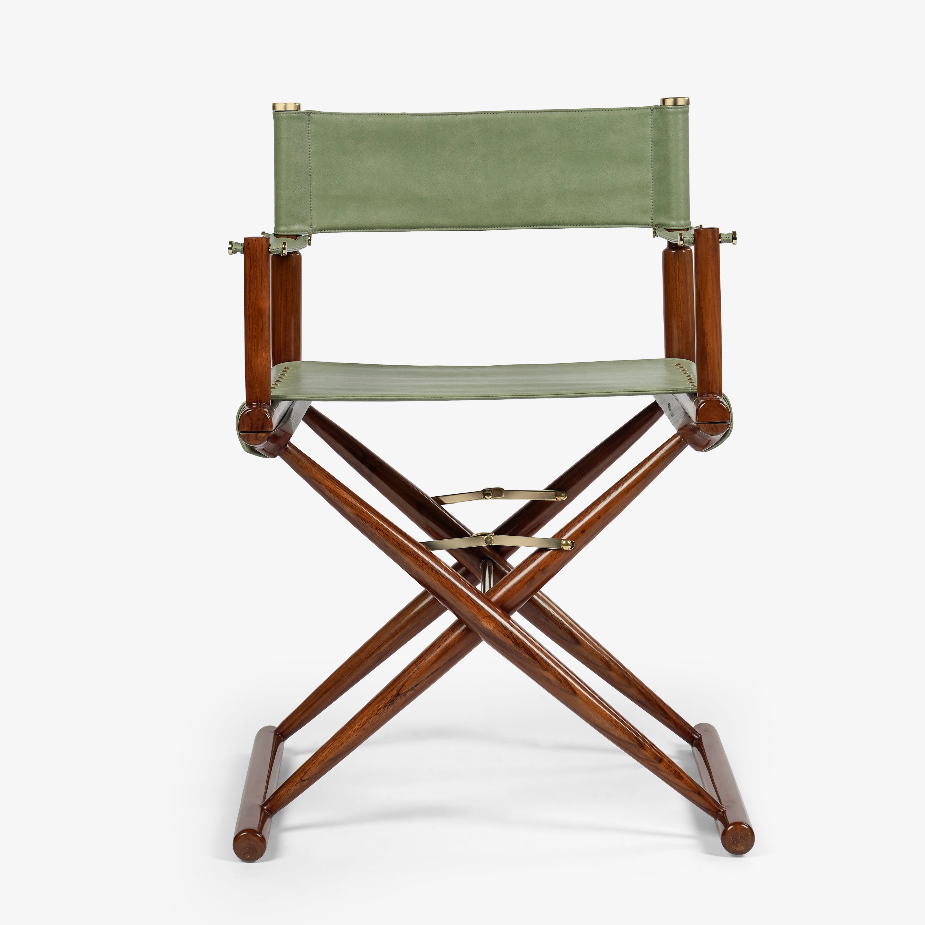 Front view of wooden director chair with green seat
