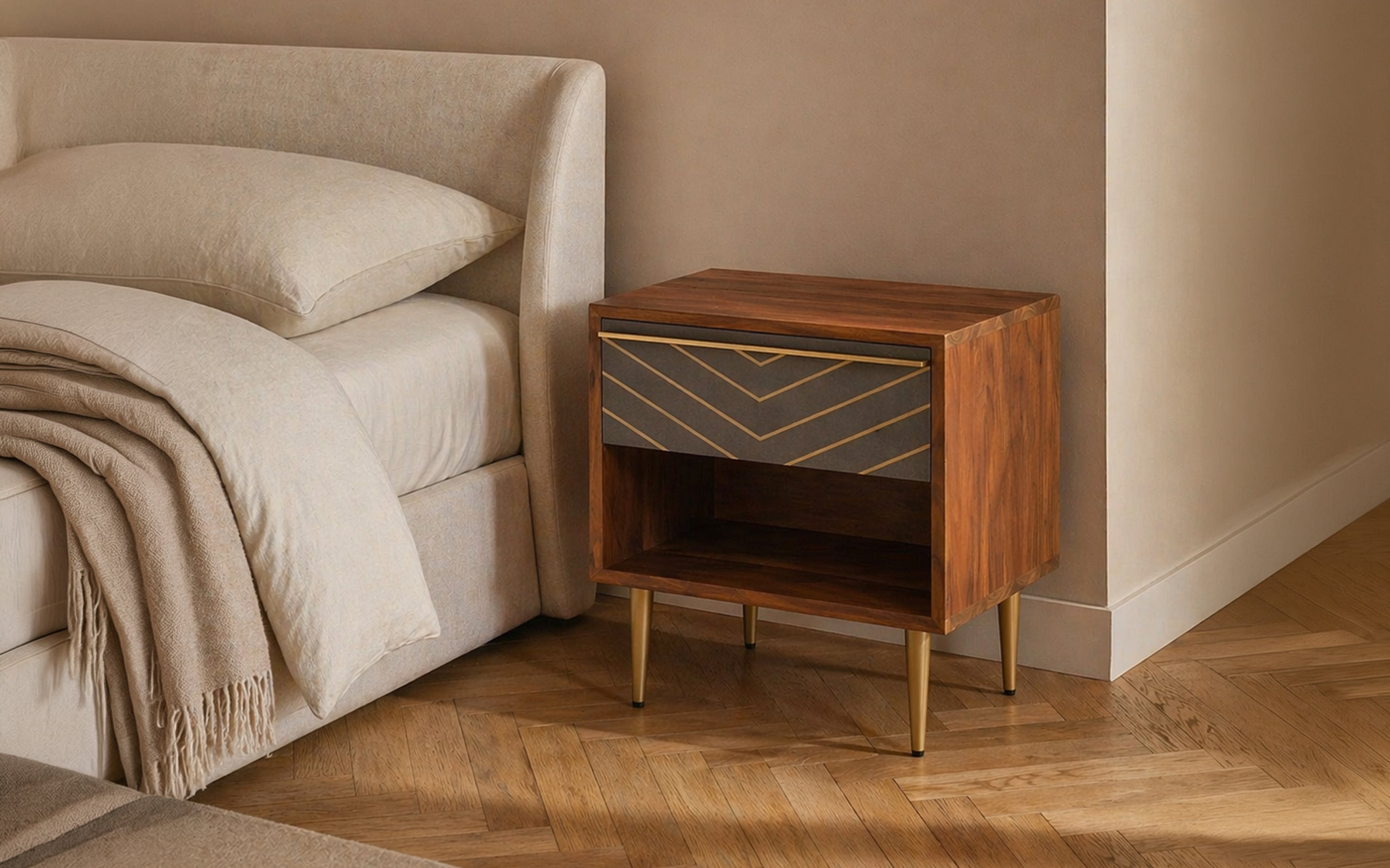 Buy Toshi Wooden Bedside Table with 1 Drawer and Shelf - Orange Tree