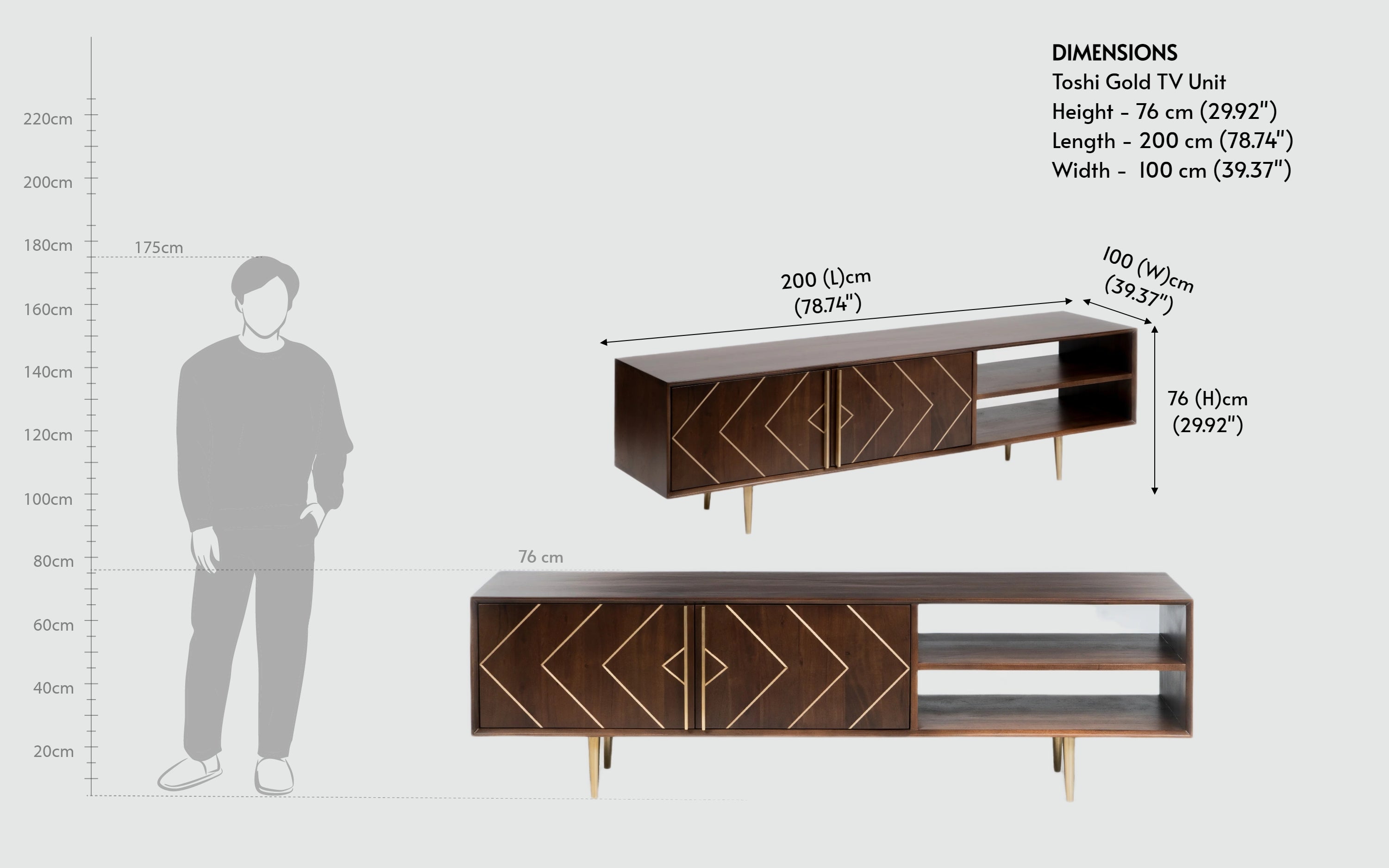 Toshi Gold TV Unit in Oak Wood with Storage - with white background - Orange Tree
