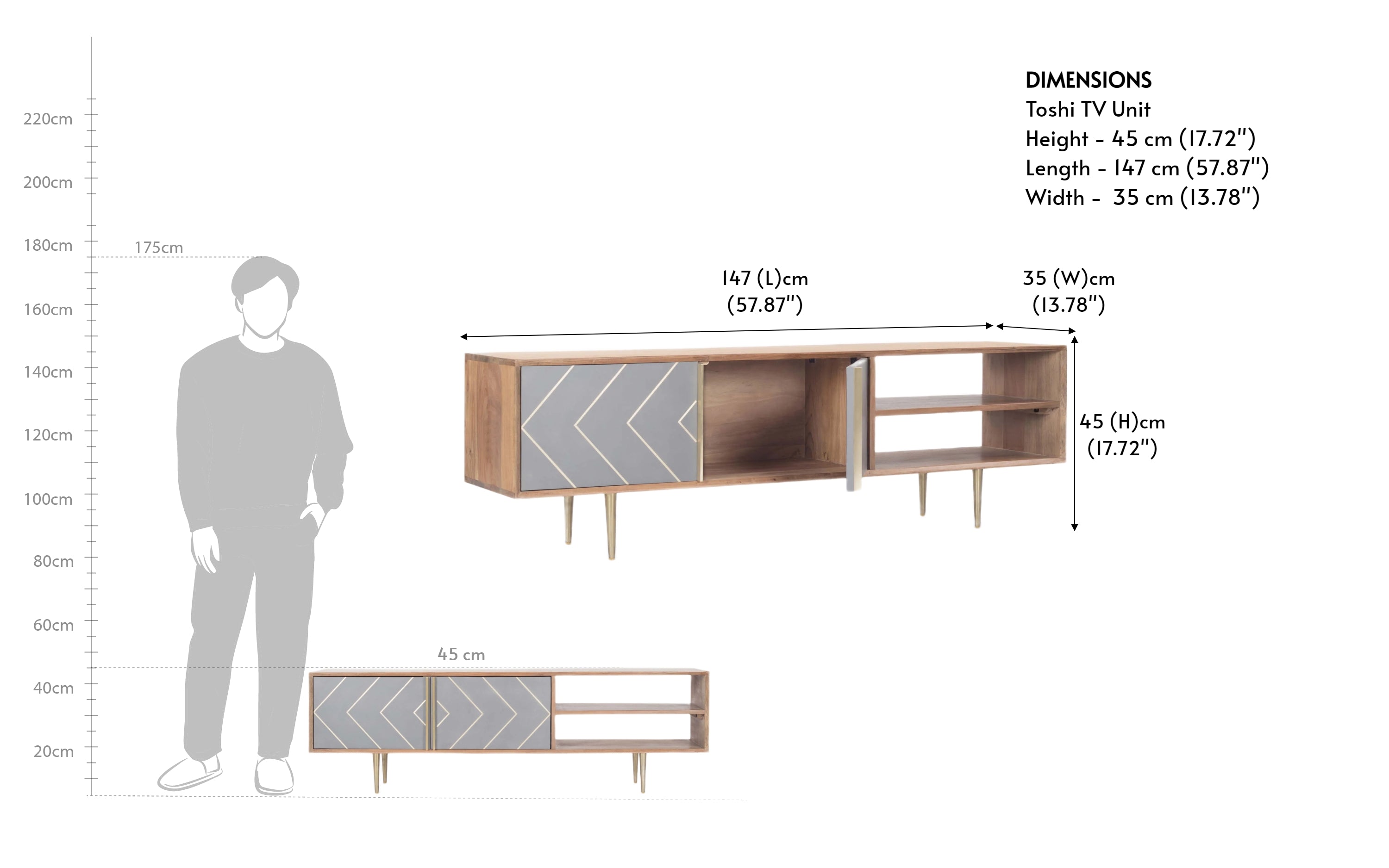Toshi Wooden TV Unit with cement Inlay On Drawers | TV Stand - Close shot - Orange Tree