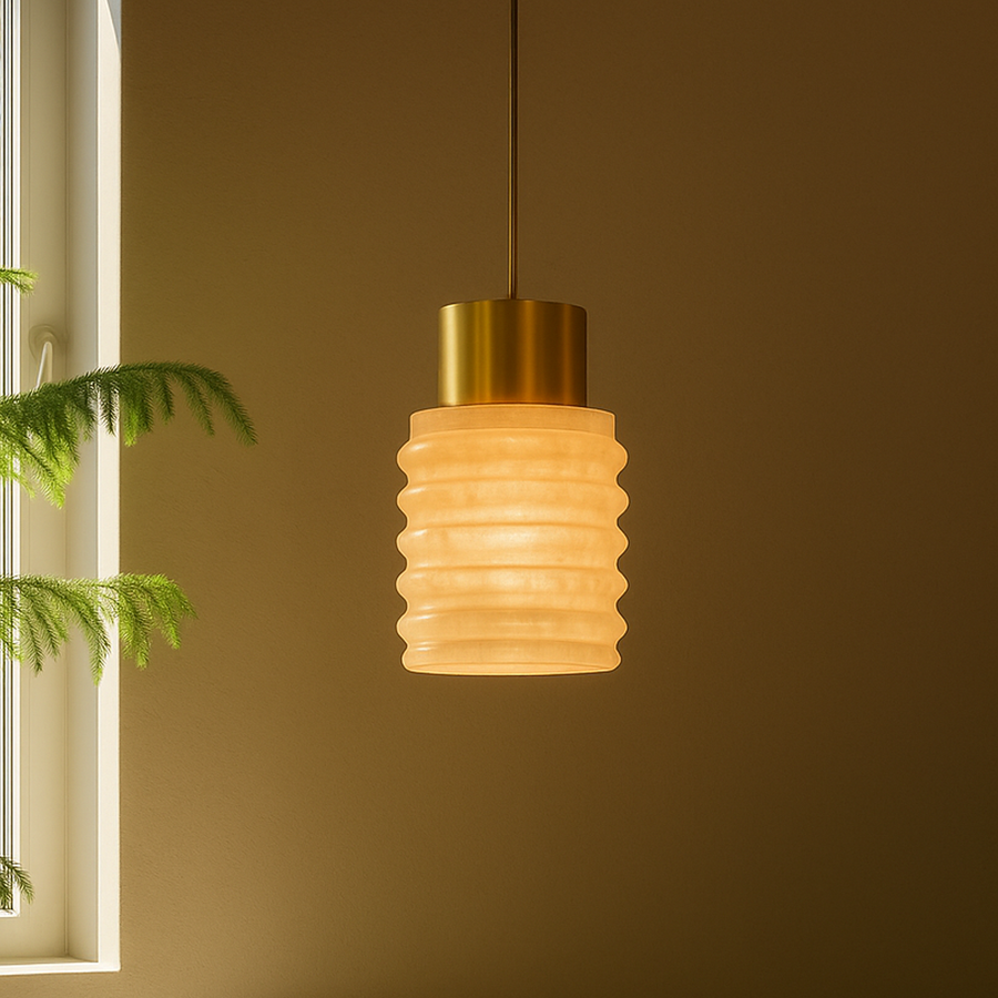 Modern hanging pendant light with ribbed opal resin shade and brass finish for living room lighting