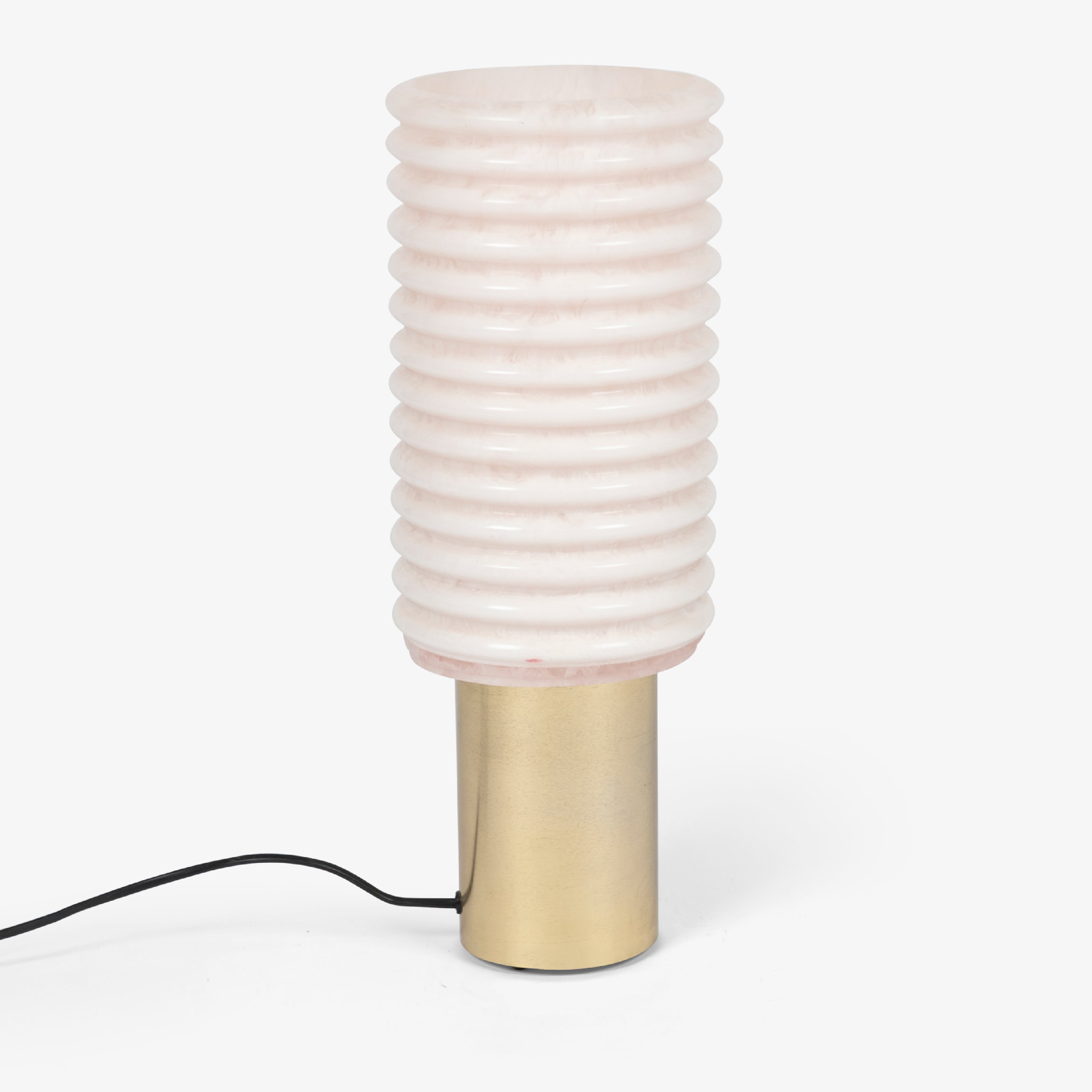 A cylindrical study table lamp with a textured white pillar and polished brass-finish base.
