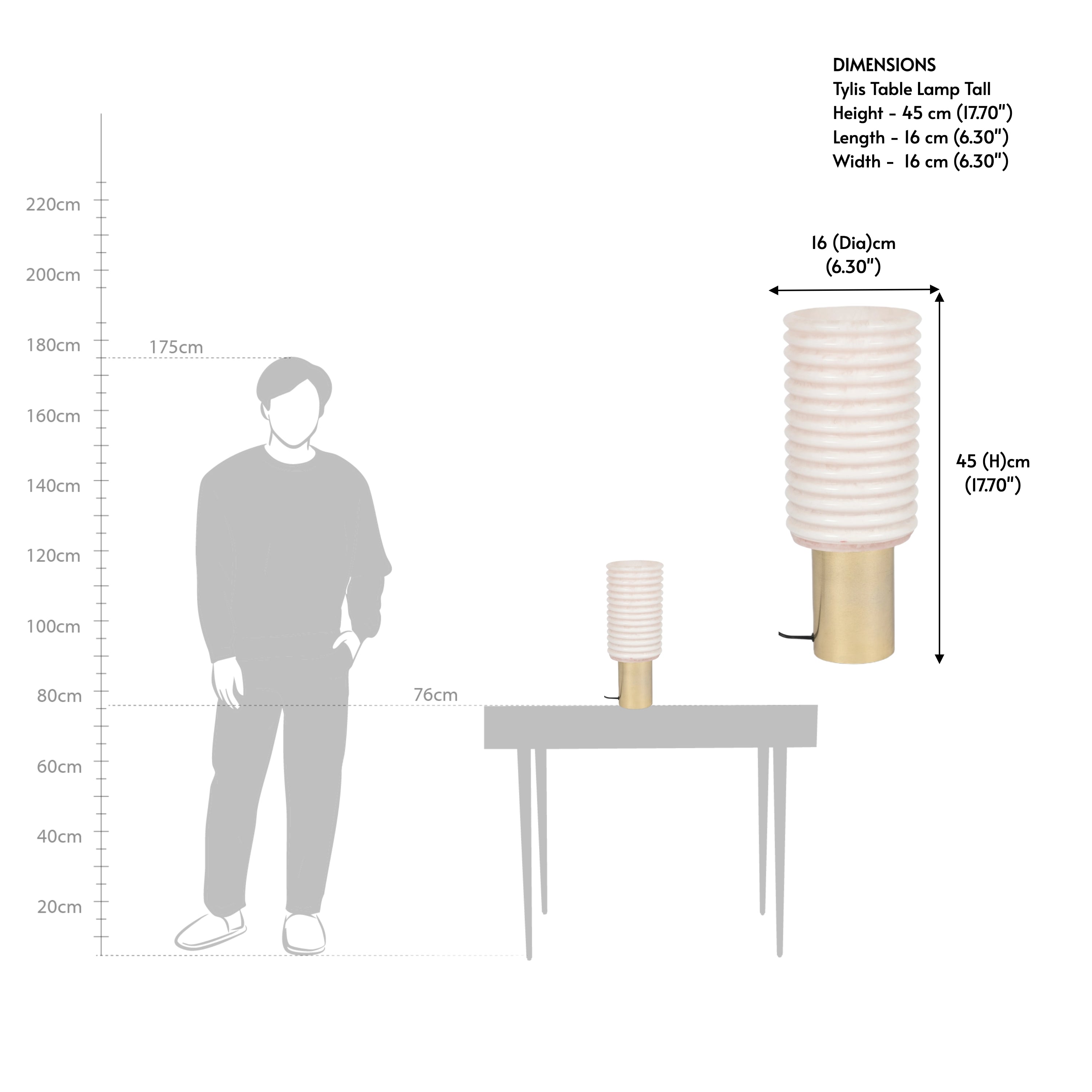 Table lamp drawing showing the height of the compact column bedside lamps.