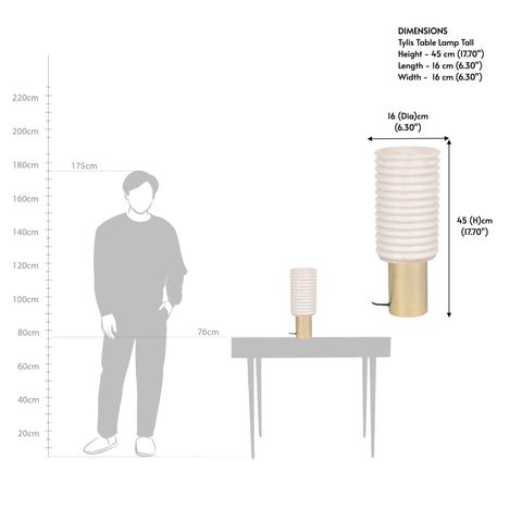 Table lamp drawing showing the height of the compact column bedside lamps.