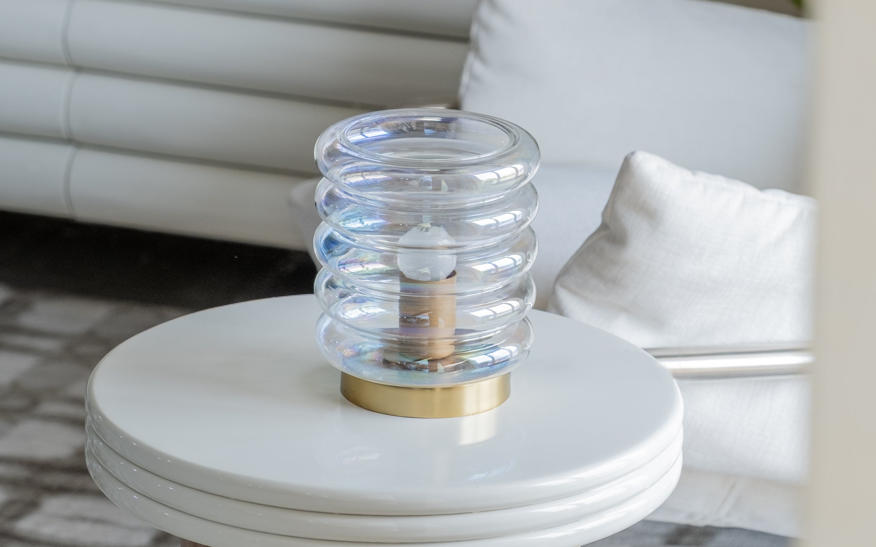 Unio Cylindrical Mini Table Lamp | Rainbow Glass & Brass - Close shot - Orange Tree