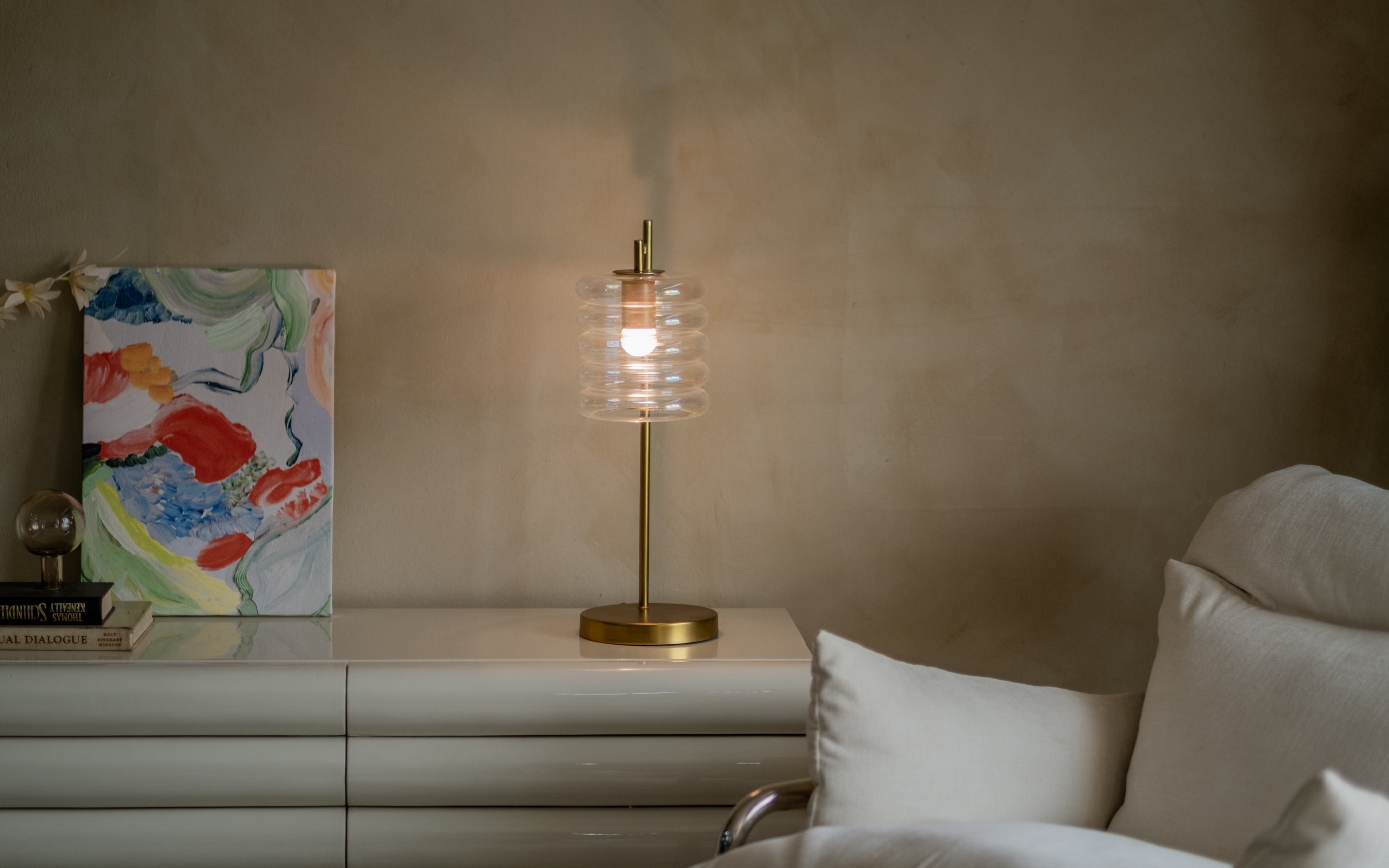 Unio Table Lamp | Rainbow Glass & Brass Mild Steel - Close shot - from left angle - Orange Tree