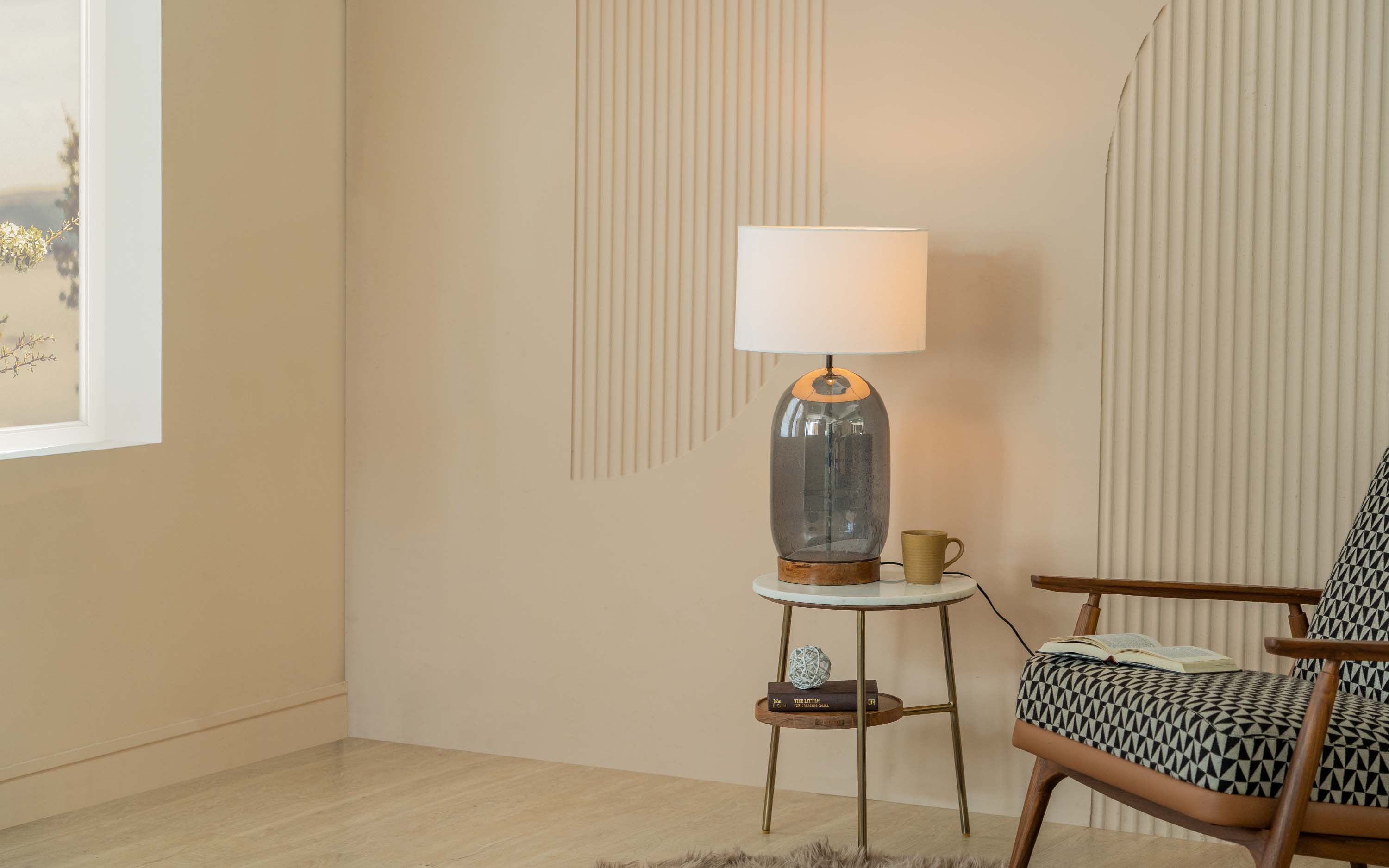 Vibhu Glass Table Lamp with White Linen Shade - Close shot - Orange Tree