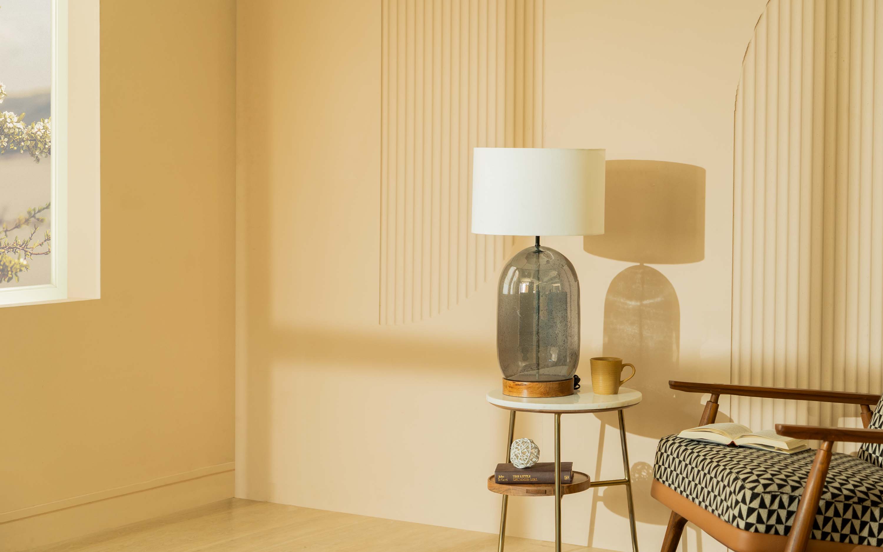 Vibhu Glass Table Lamp with White Linen Shade - Close shot - from right angle - Orange Tree