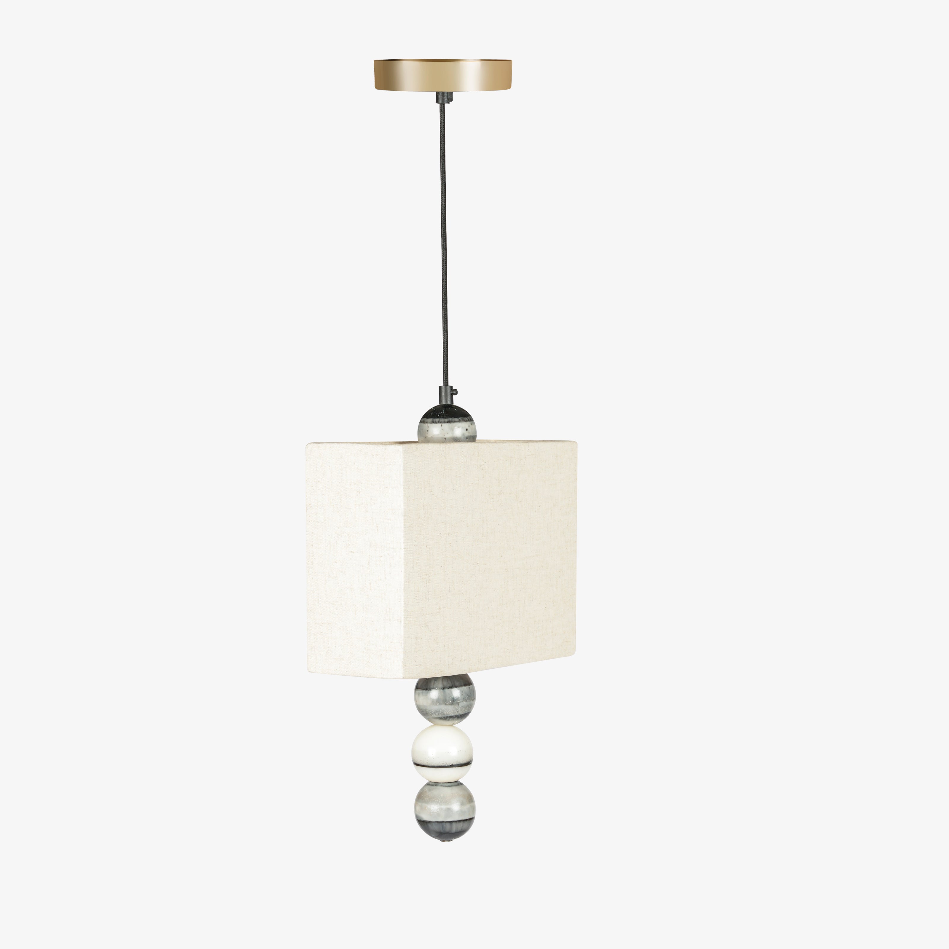 Warm modern pendant lamp with linen fabric shade and marble bead detailing, hanging light for living room and bedroom interiors.