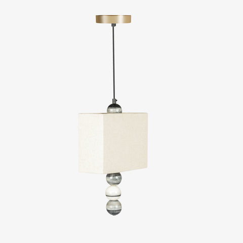 Warm modern pendant lamp with linen fabric shade and marble bead detailing, hanging light for living room and bedroom interiors.