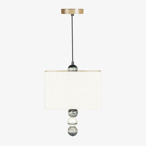 Modern pendant light with rectangular fabric shade and marble bead accents, designer hanging lamp for home lighting.