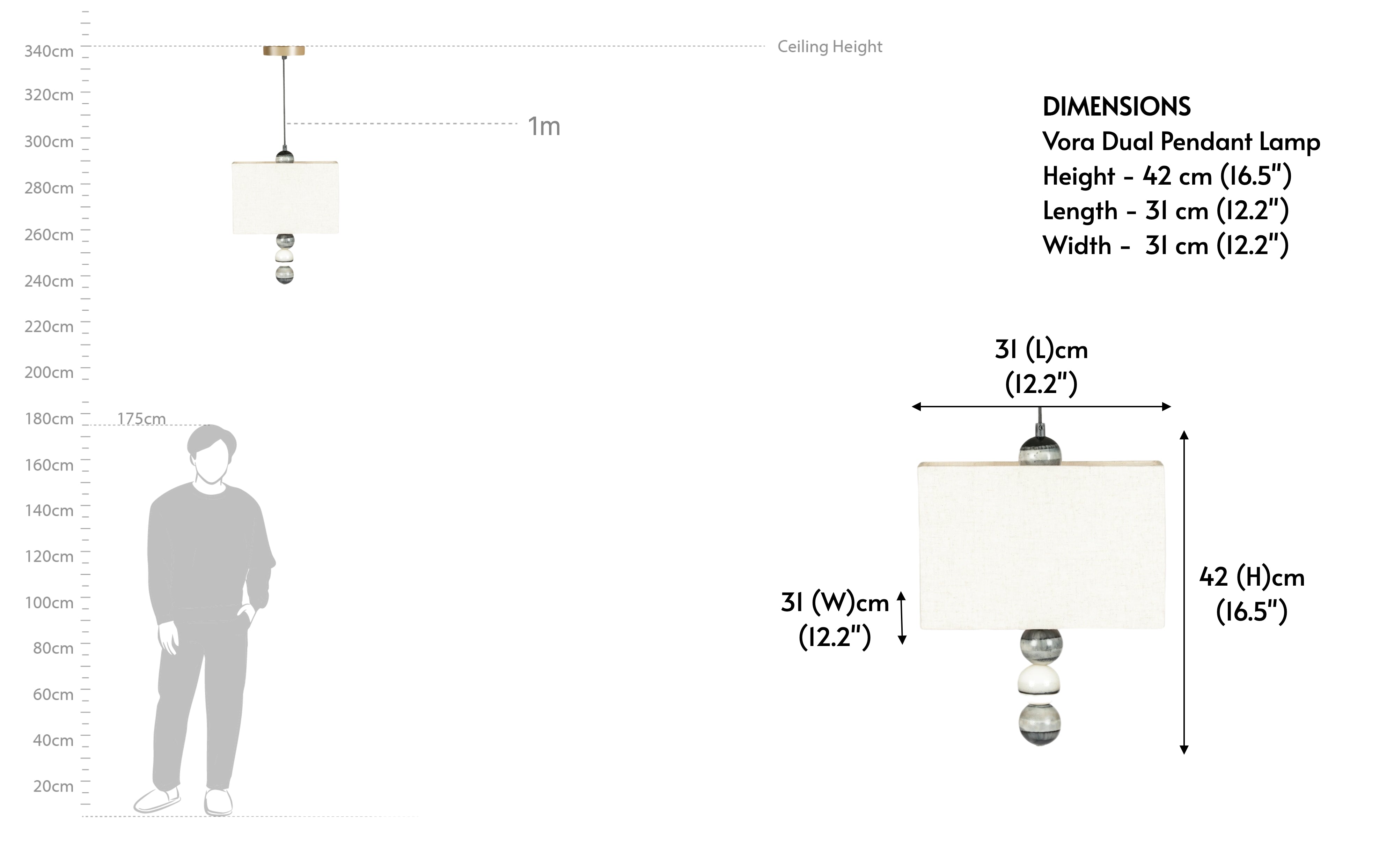 Pendant lamp dimensions diagram with height and width measurements, ceiling light size reference for interior planning.