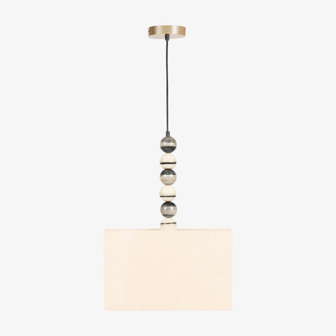 A modern hanging light featuring decorative ceramic beads on a black cord with a neutral drum shade, perfect for bedroom pendant lights