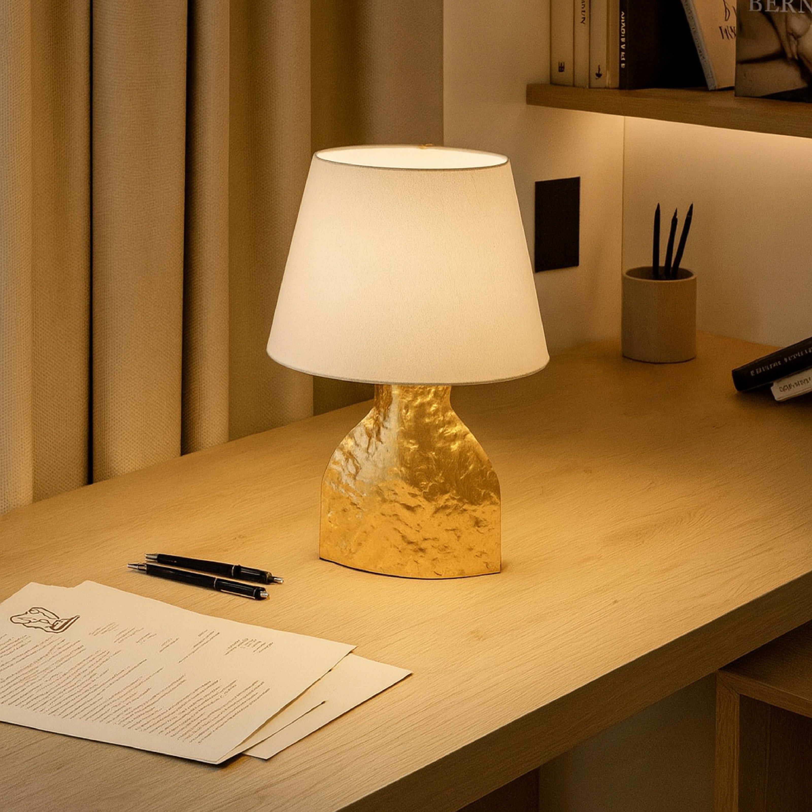Modern gold study table lamp with frosted globes styled as a side table lamp on a wooden sideboard.