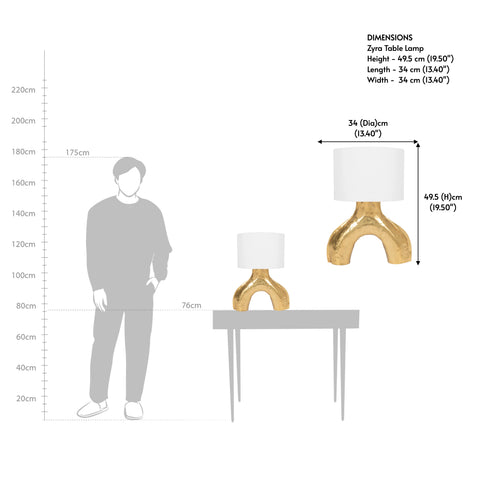 Table lamp drawing showing the height and scale of the fixture relative to a person.