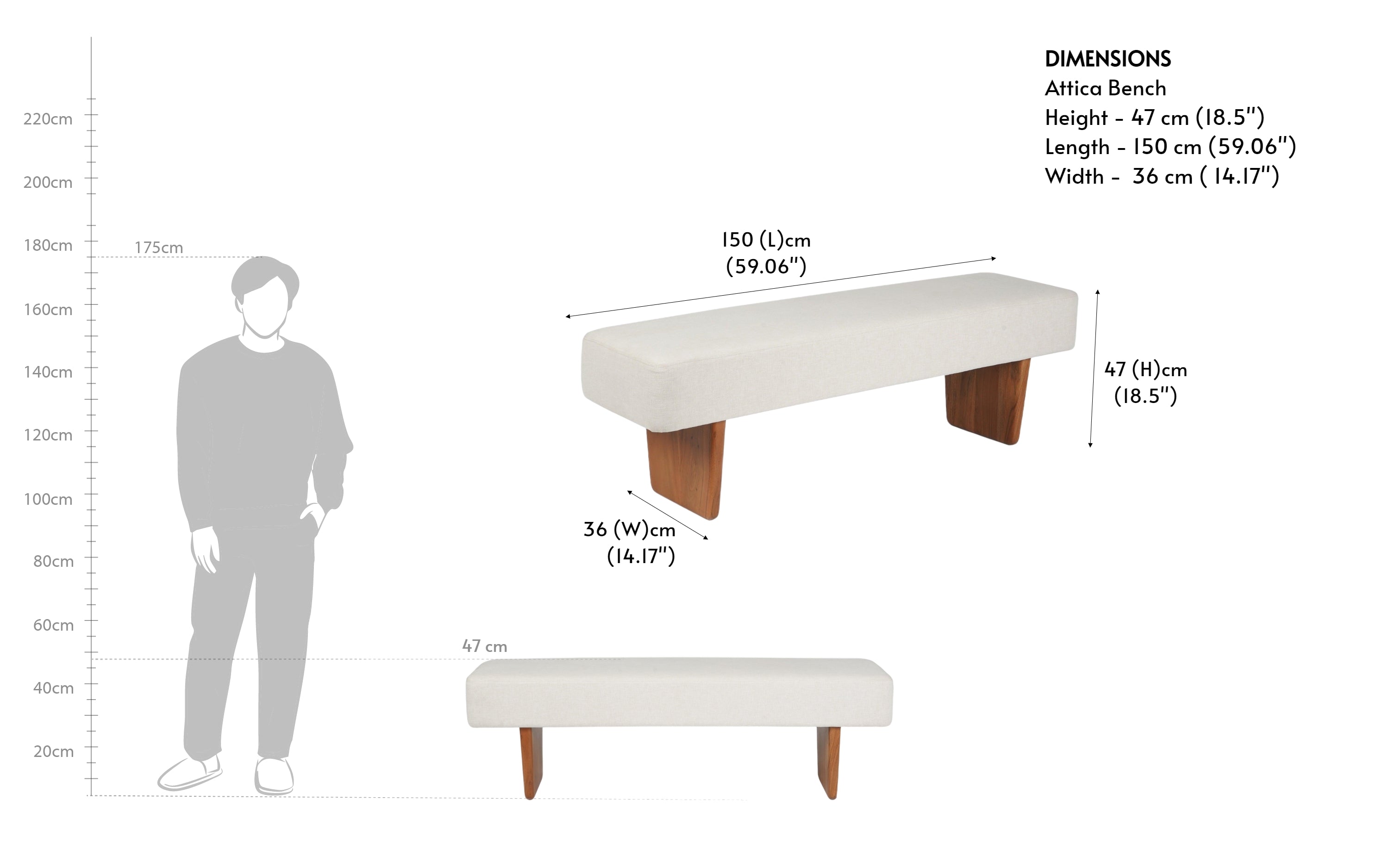 Attica Upholstered Bench for Bedroom |Beige & Walnut Finish - with white background - Orange Tree
