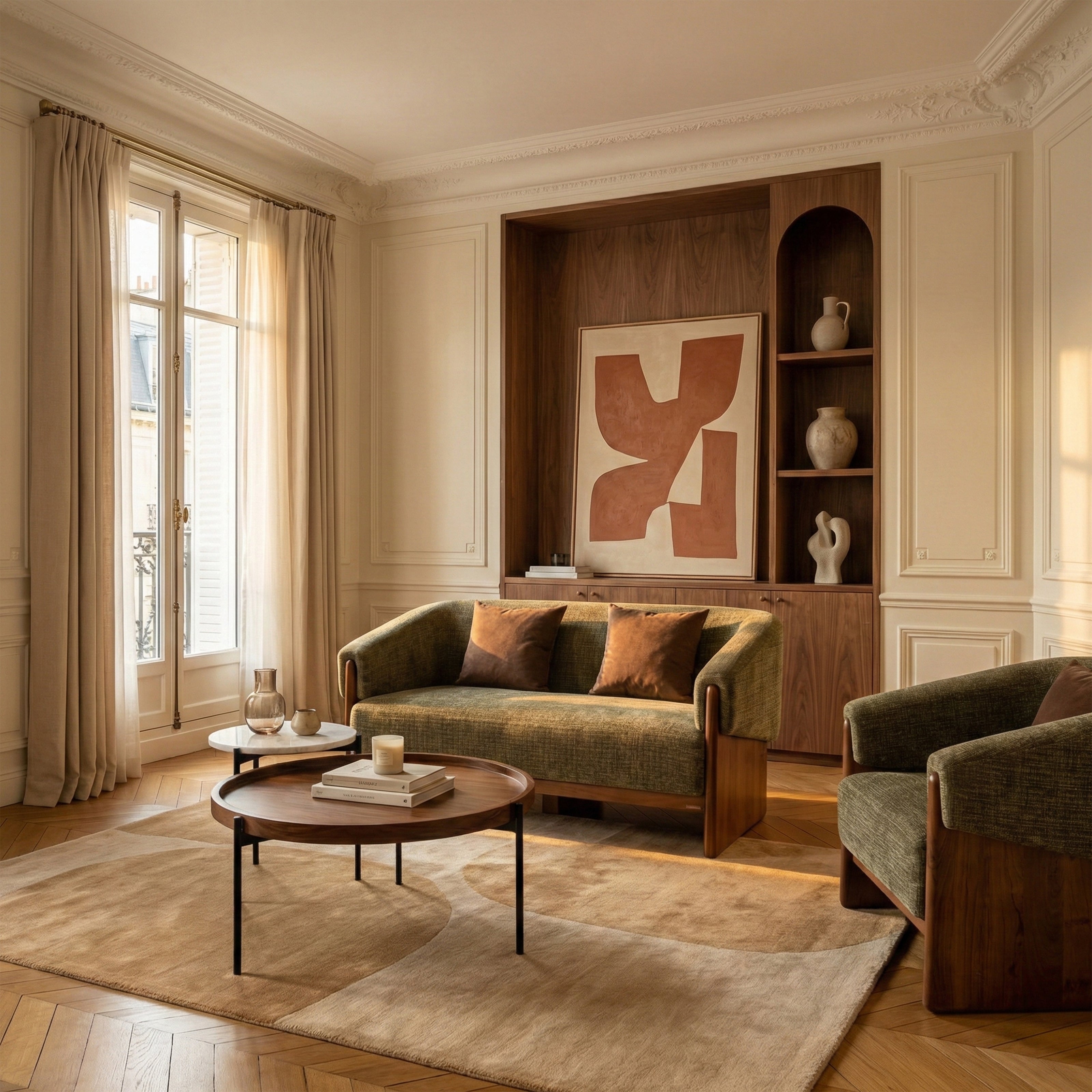 Green sofa in elegant living room