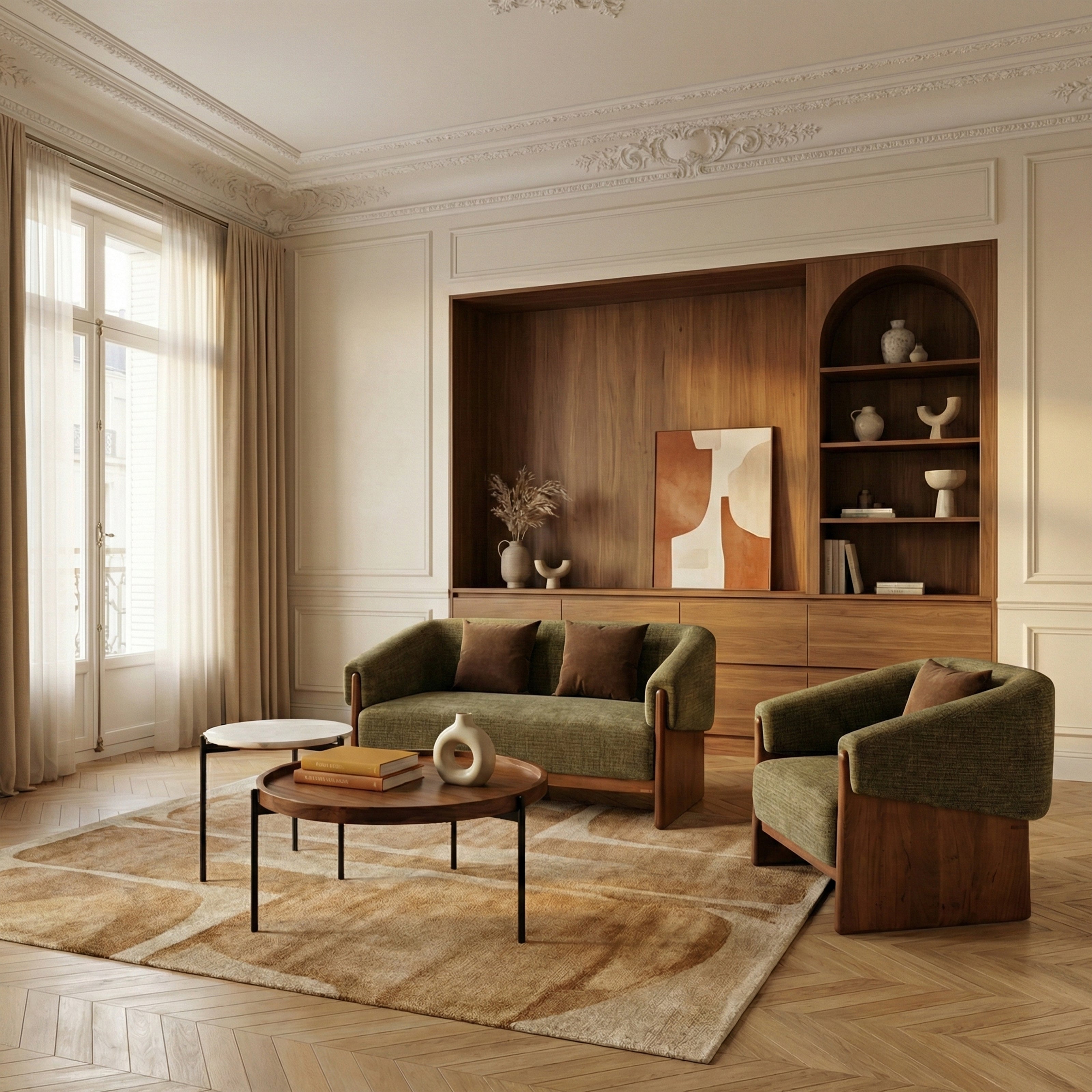 Living room with green sofa