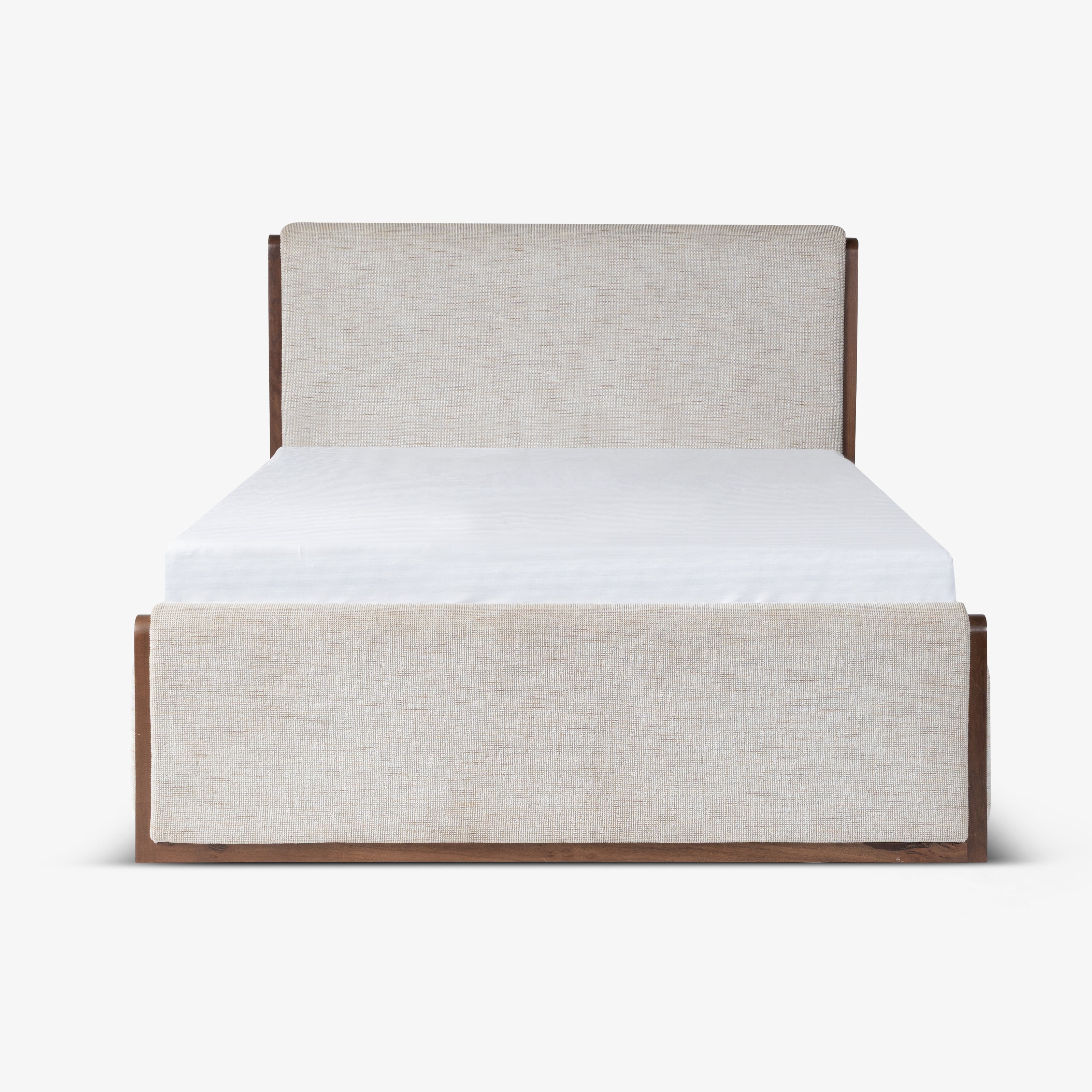 Front view of beige upholstered platform bed