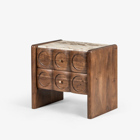 Wood bedside table with carved drawers