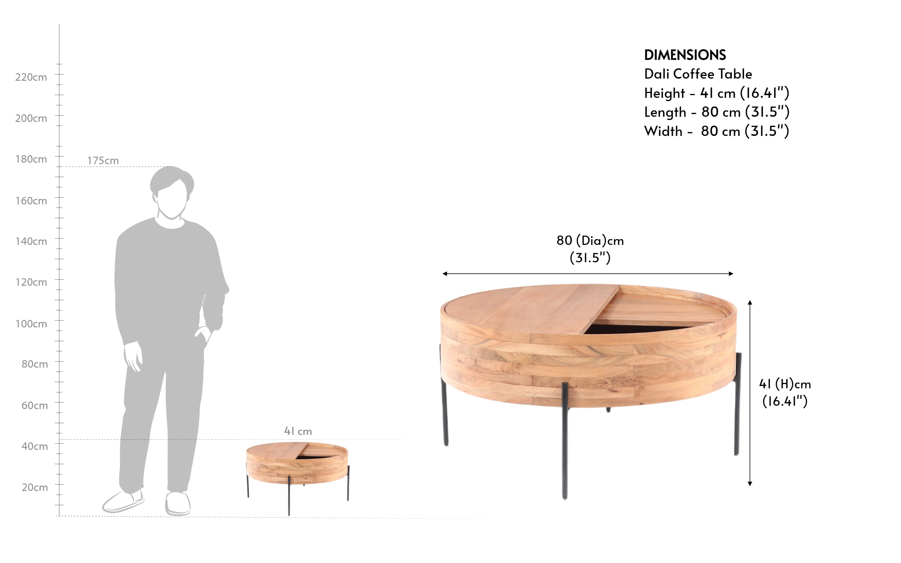 Dali Round Wooden Coffee Table with Metal Legs—Storage Table. - Close shot - Orange Tree
