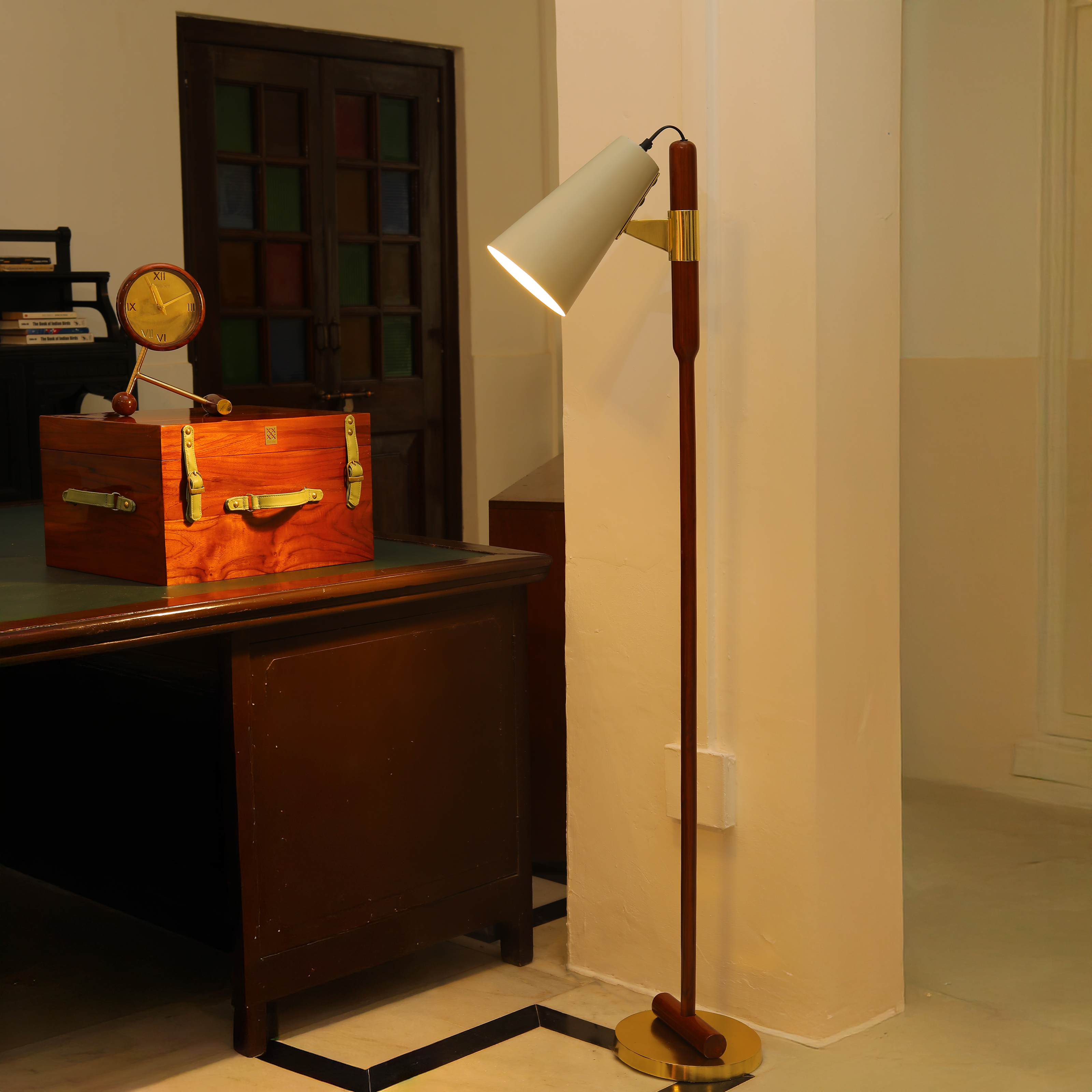 Wooden floor lamp styled in interior