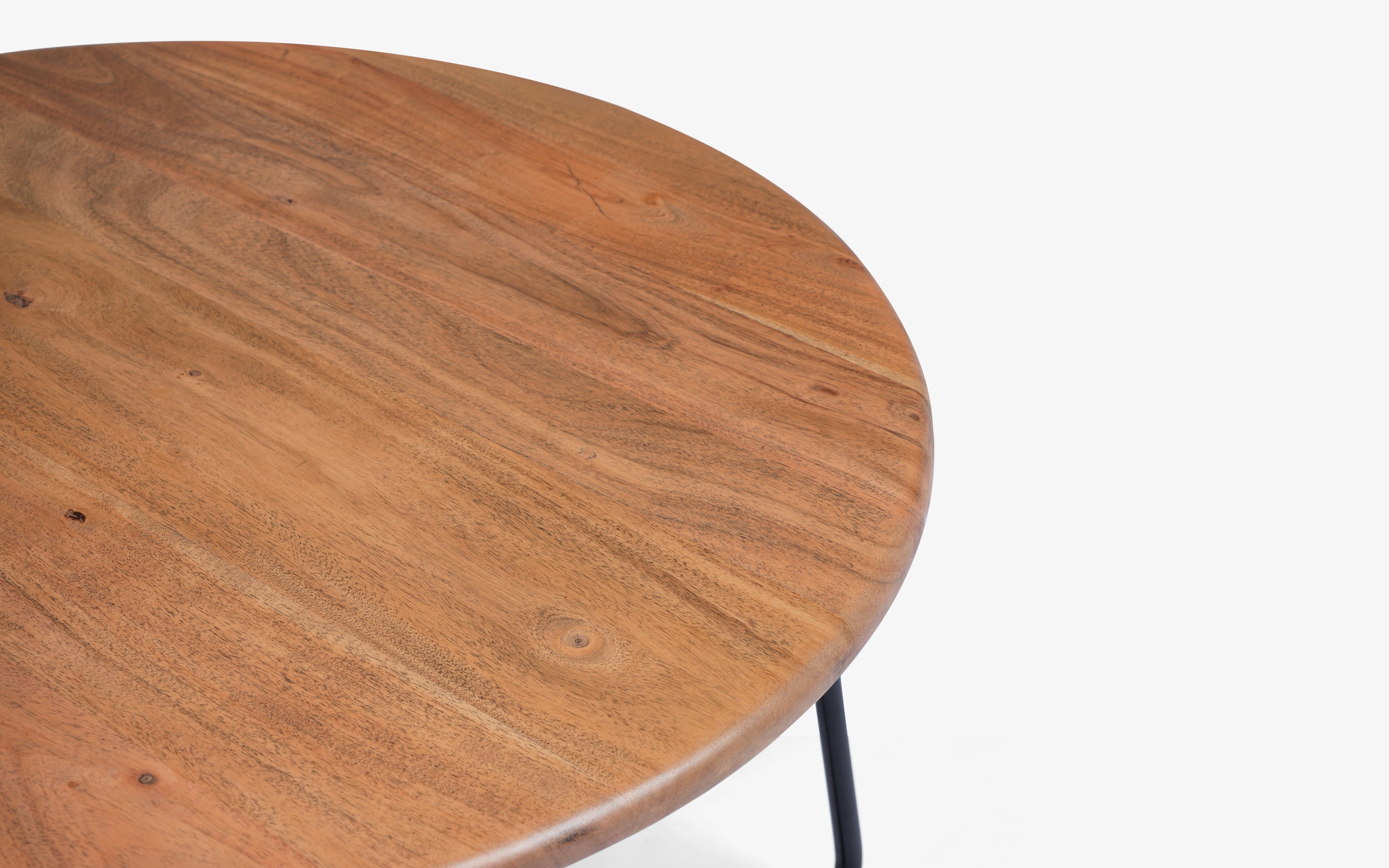 Jasper Round Coffee Table: Acacia Wood with Black Metal Base - with white background - Orange Tree