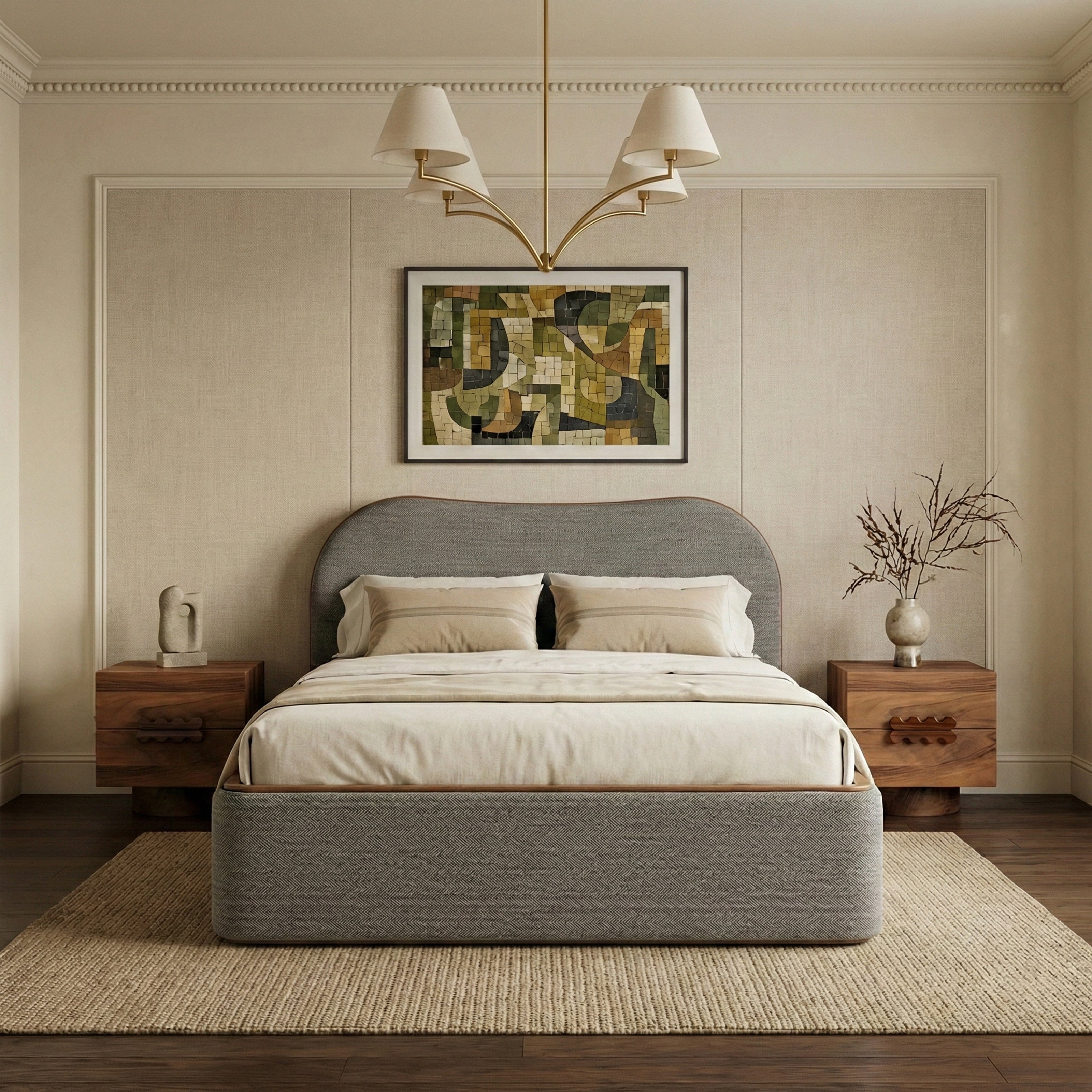 Gray upholstered bed with curved headboard in modern bedroom