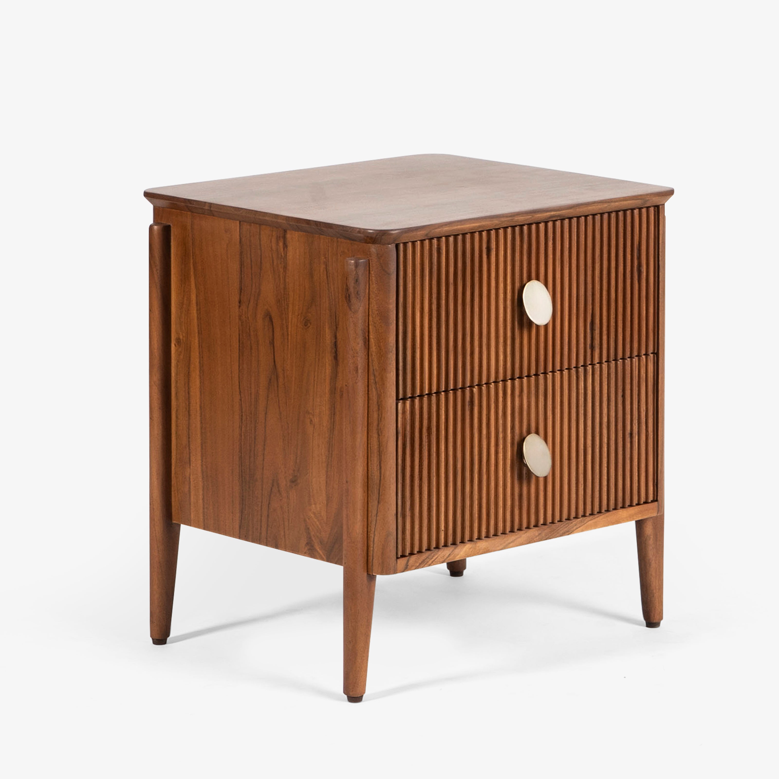 Angled view of wood bedside table