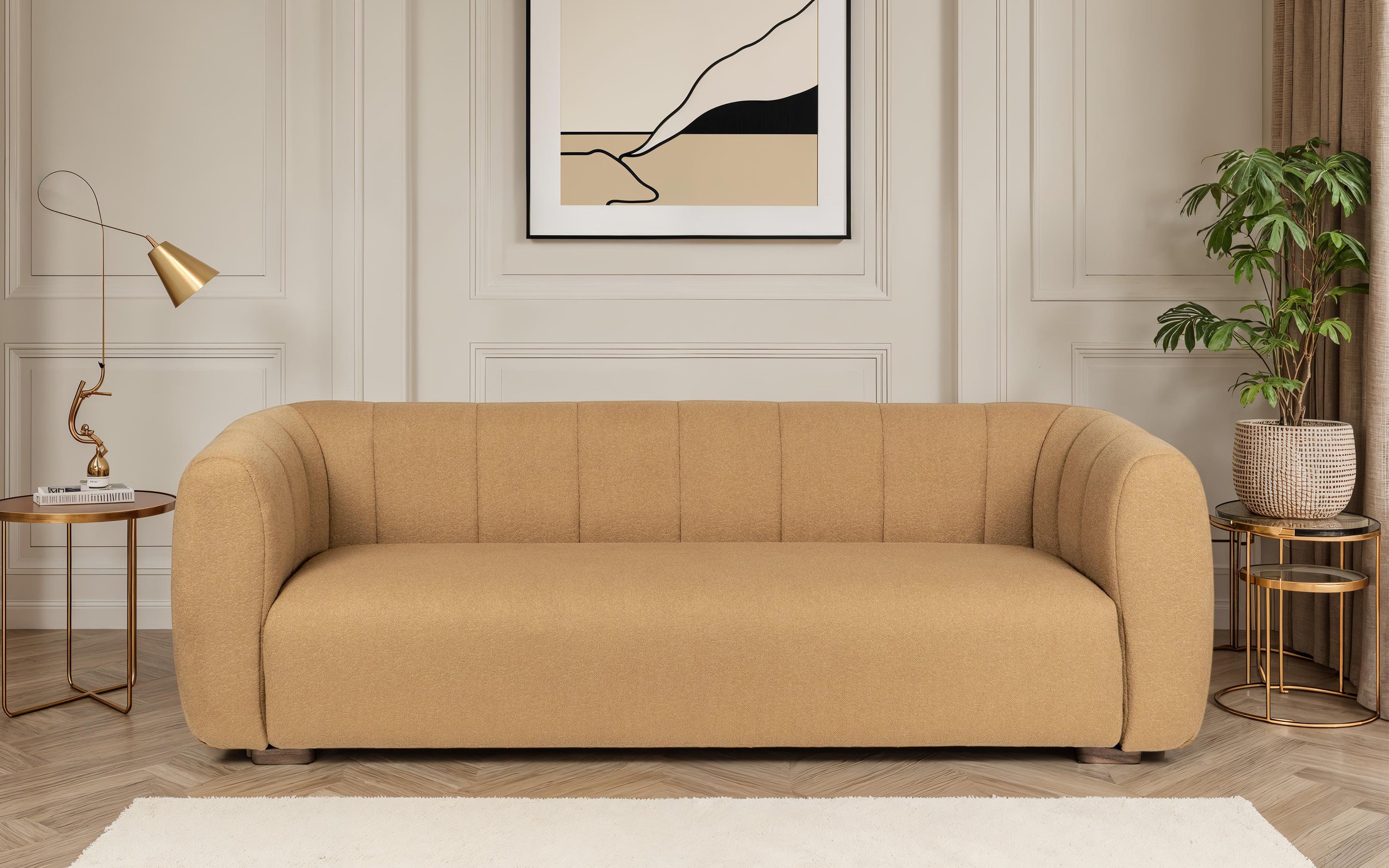 Fior 3 Seater Farbic Sofa in Walnut Finish with Wooden Legs - Orange Tree