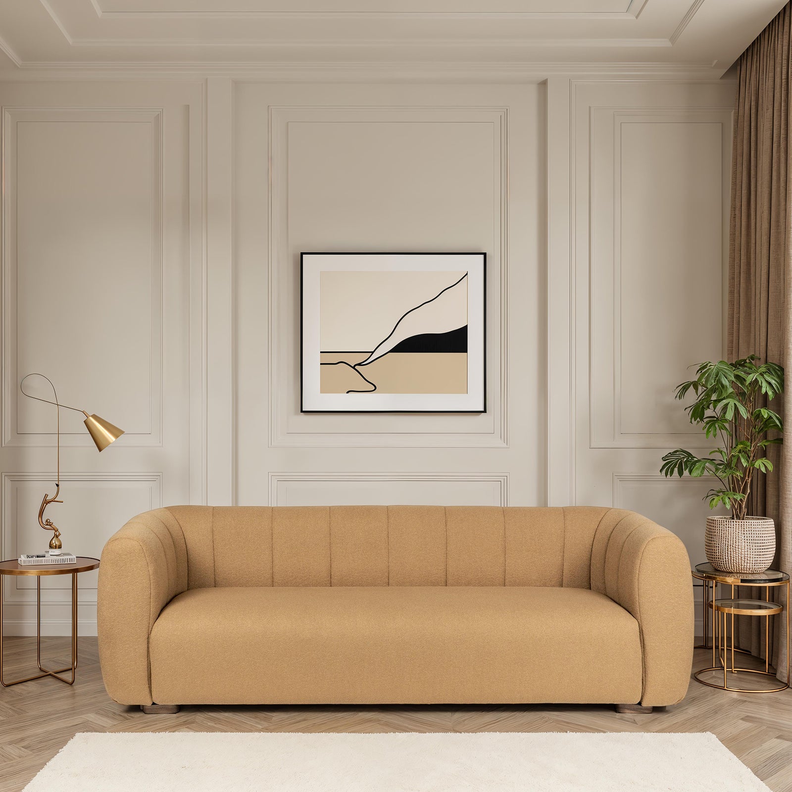 Fior 3 Seater Farbic Sofa in Walnut Finish with Wooden Legs