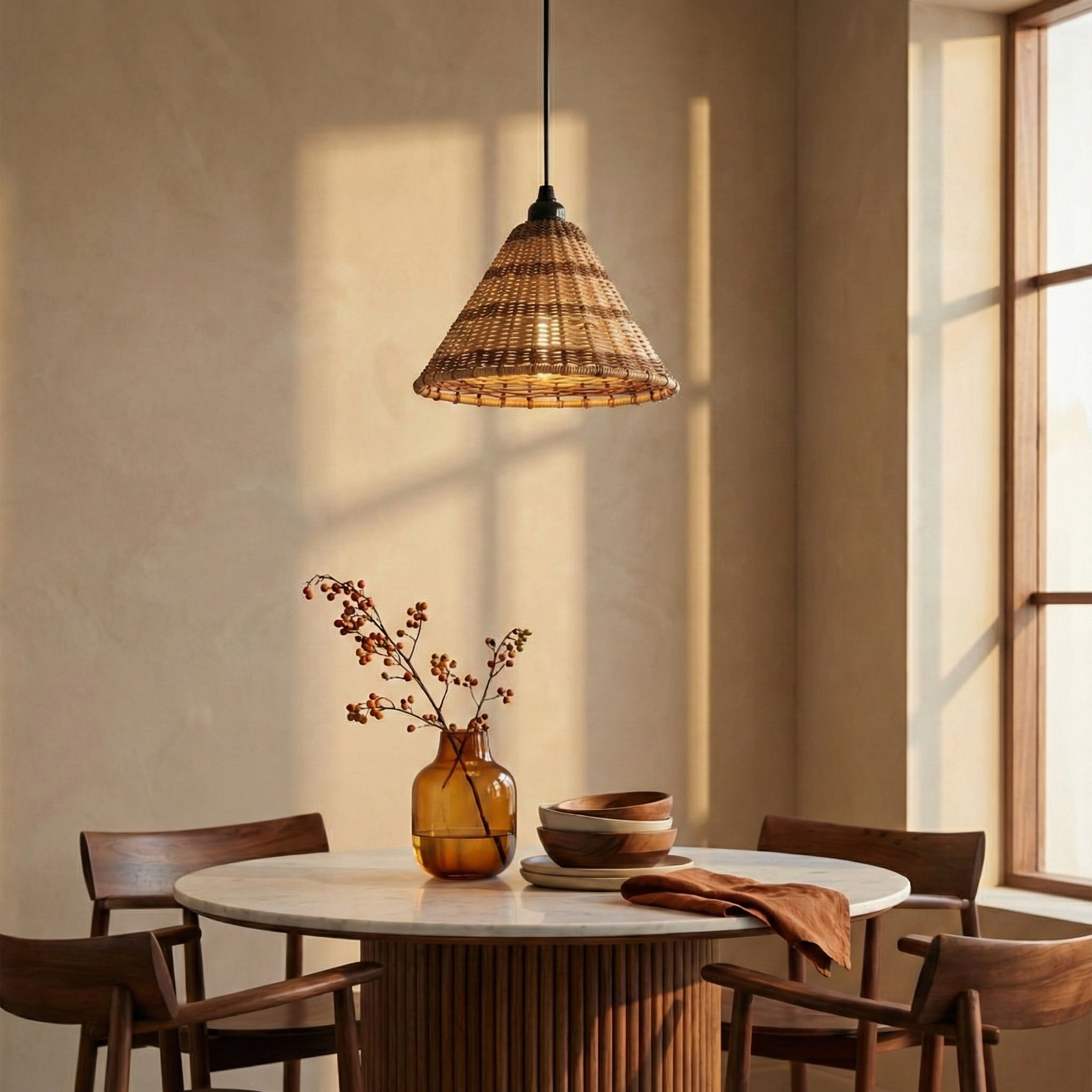 Rattan pendant light casting warm shadows over a round dining table by a window.