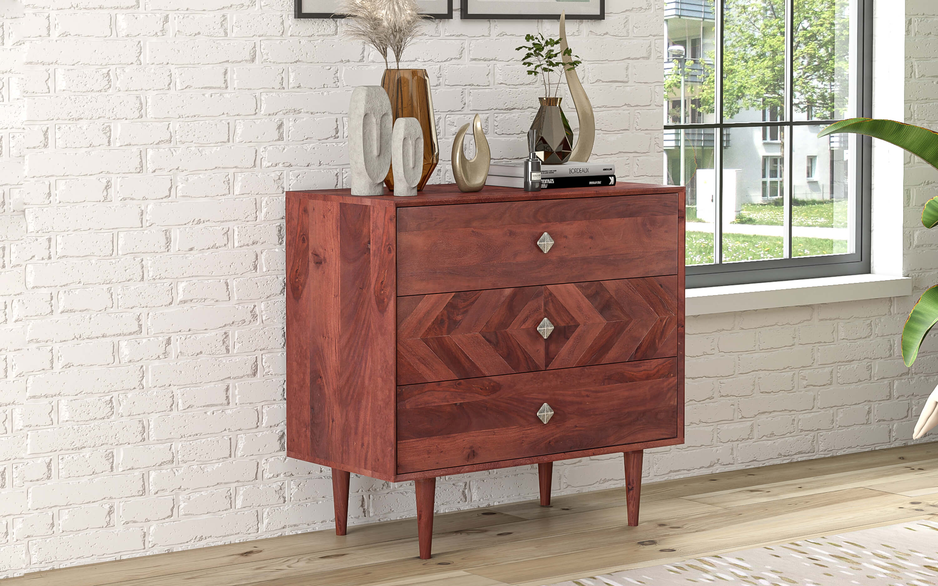 Dado Chest of Drawers in Sheesham Wood Autumn Brown Finish - Orange Tree
