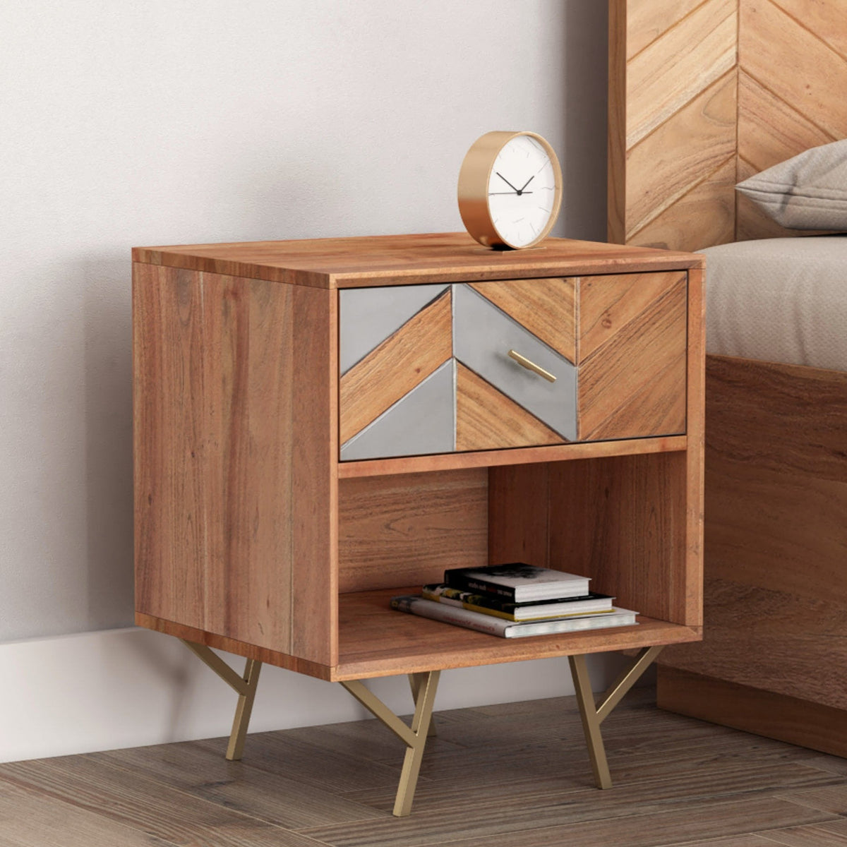 Mazi Bedside Table - Wood Modern Bedside Table Room Look - Orange Tree Home Pvt. Ltd.
