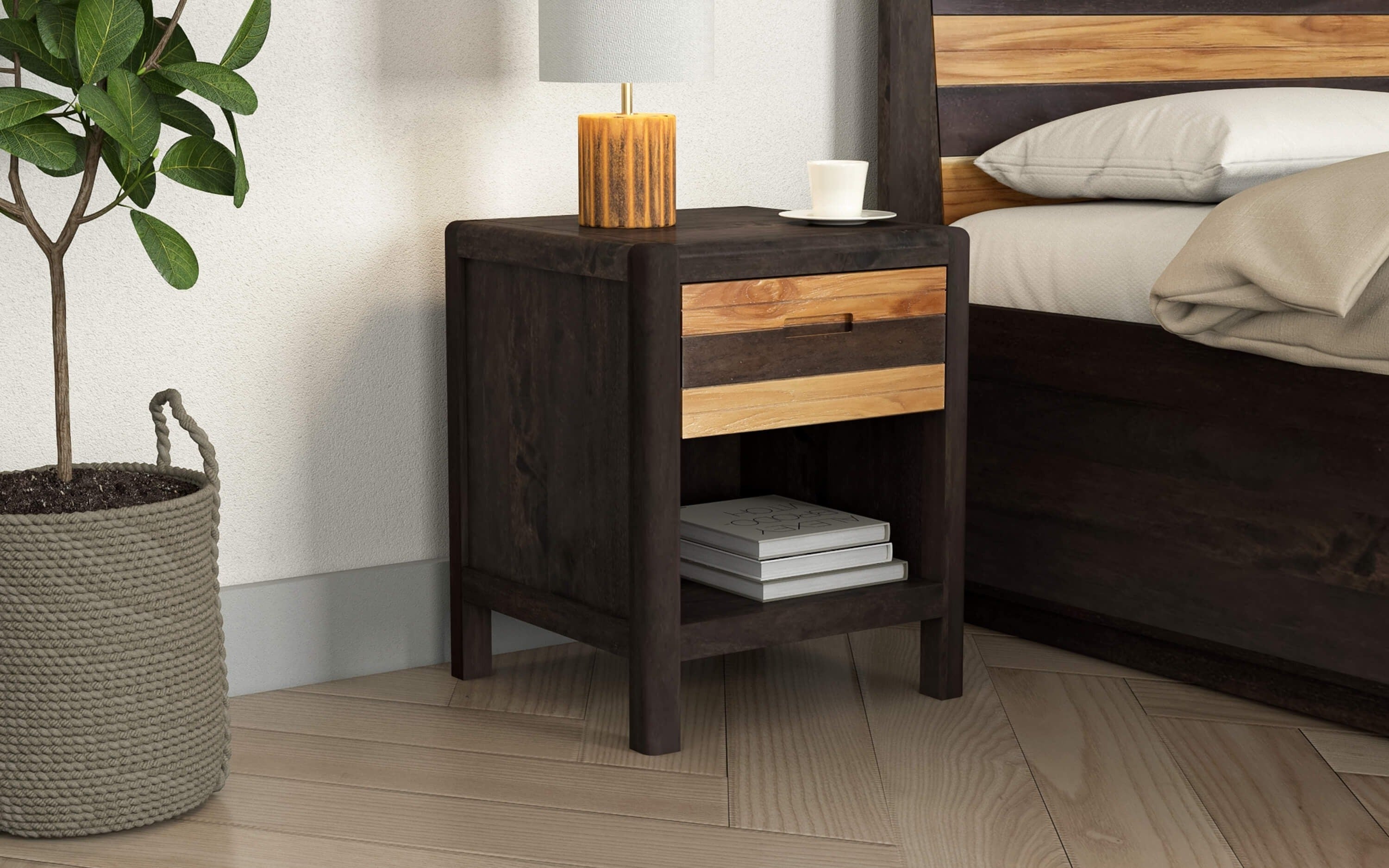 Rass Teak Wood Bedside Table with 1 Drawer - Orange Tree