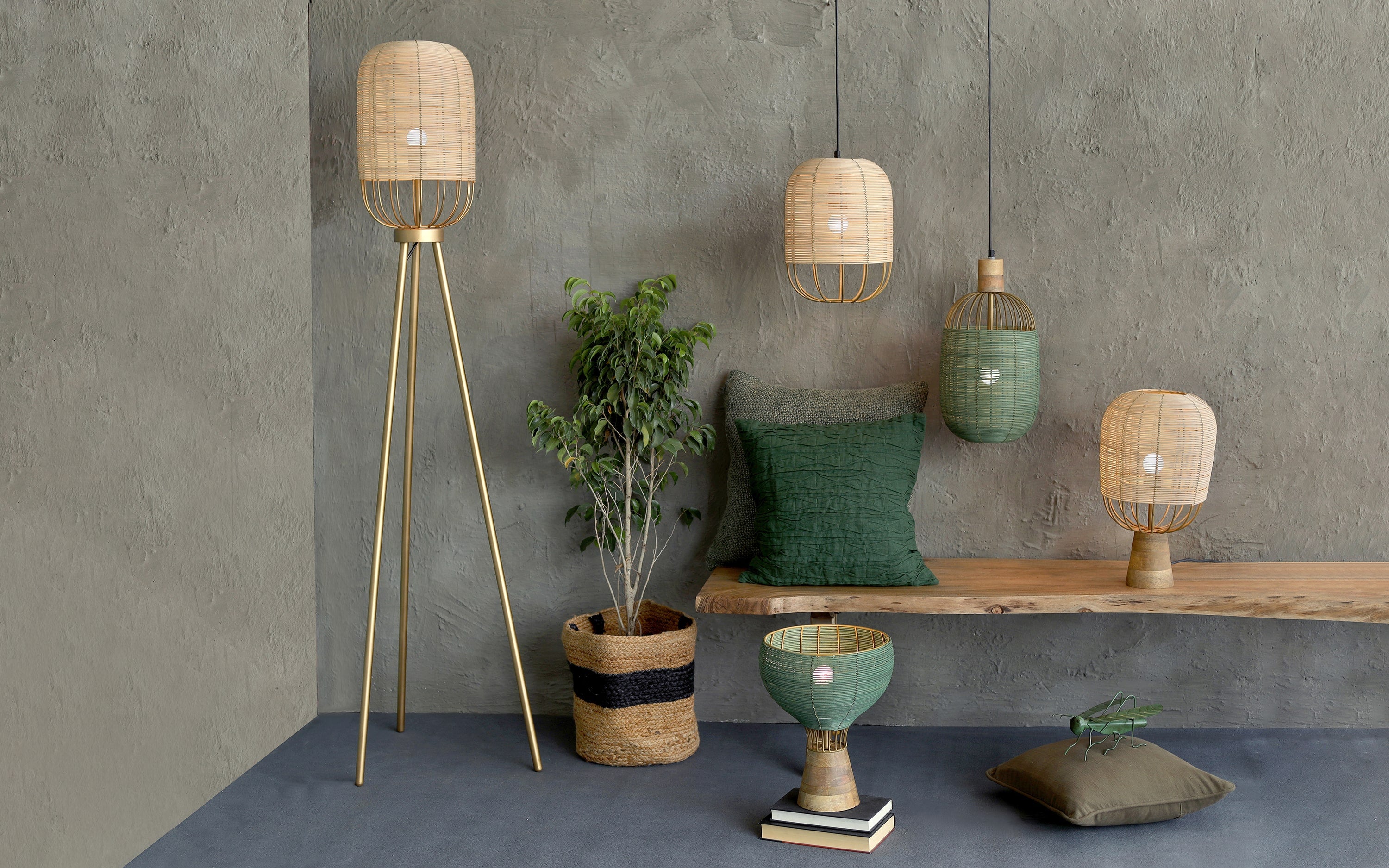 Henka Gold Rattan Tripod Floor Lamp